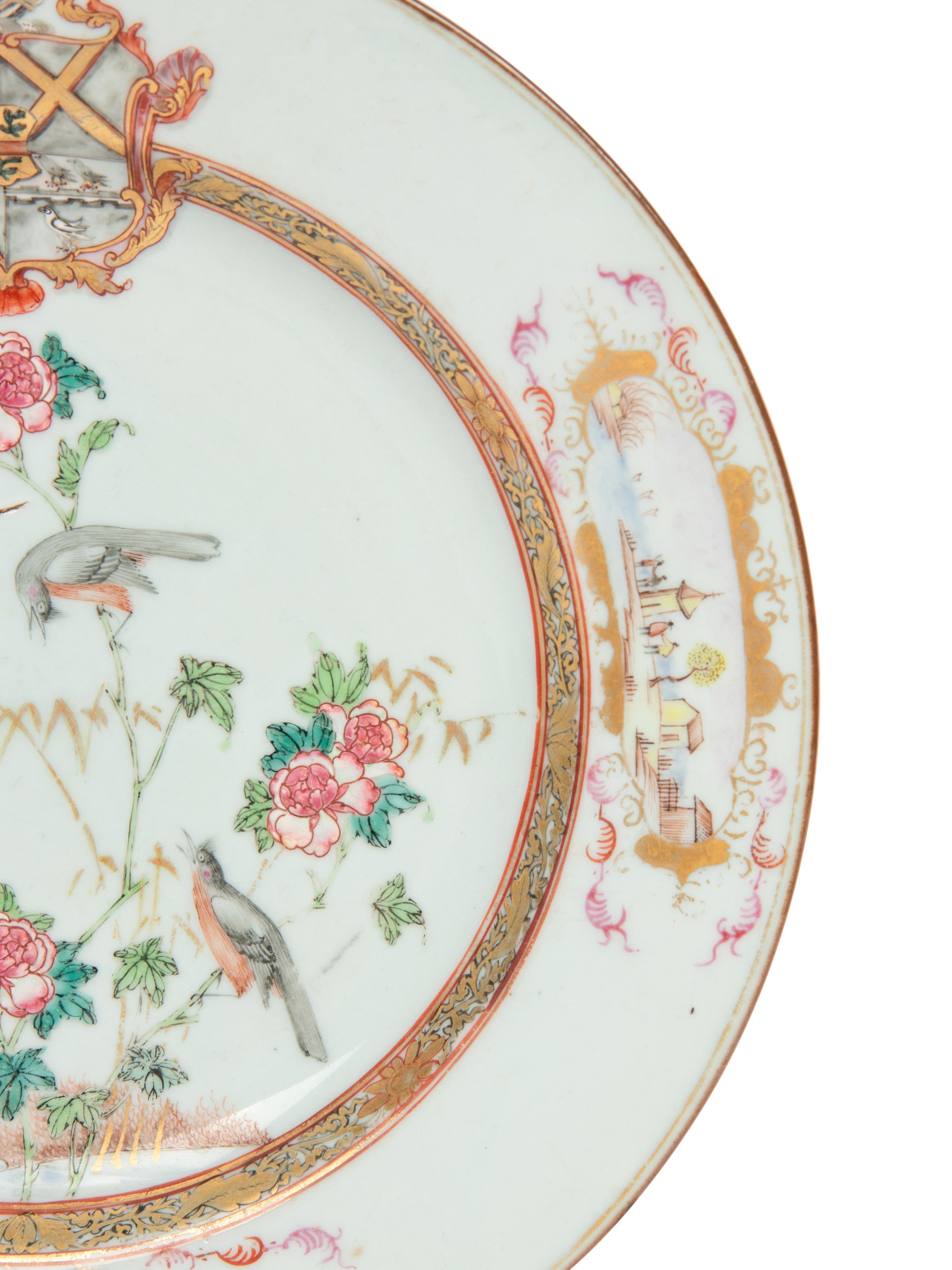 A Chinese Export Parcel-Gilt Famille Rose Armorial Porcelain Plate