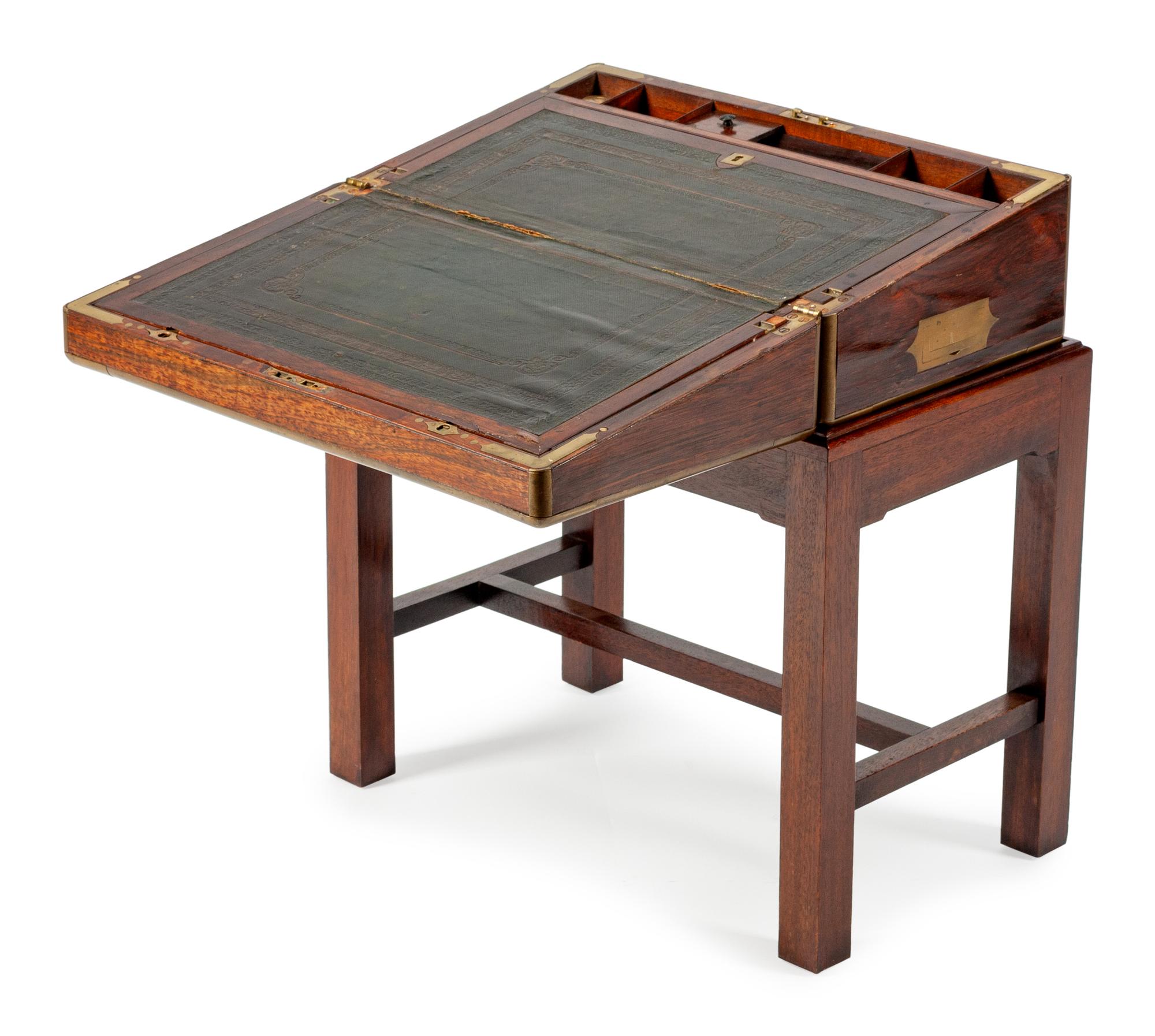 An English Brass-Mounted Rosewood Lap Desk on Later Stand