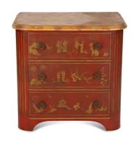 A Red and Gilt Chinoiserie Decorated Commode with Faux Marble Top