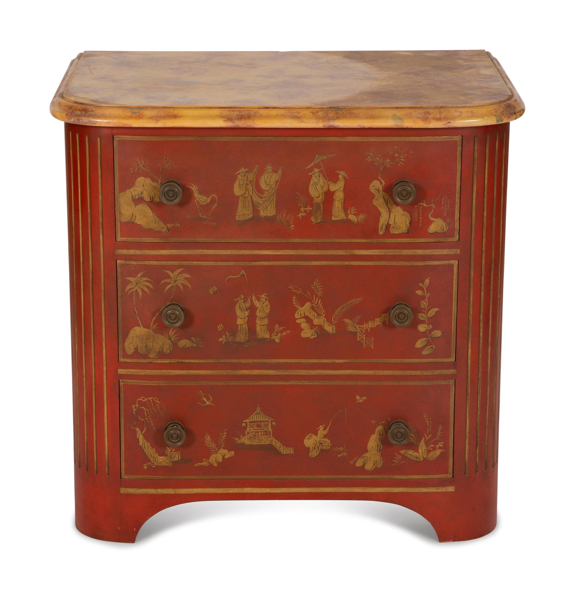 A Red and Gilt Chinoiserie Decorated Commode with Faux Marble Top