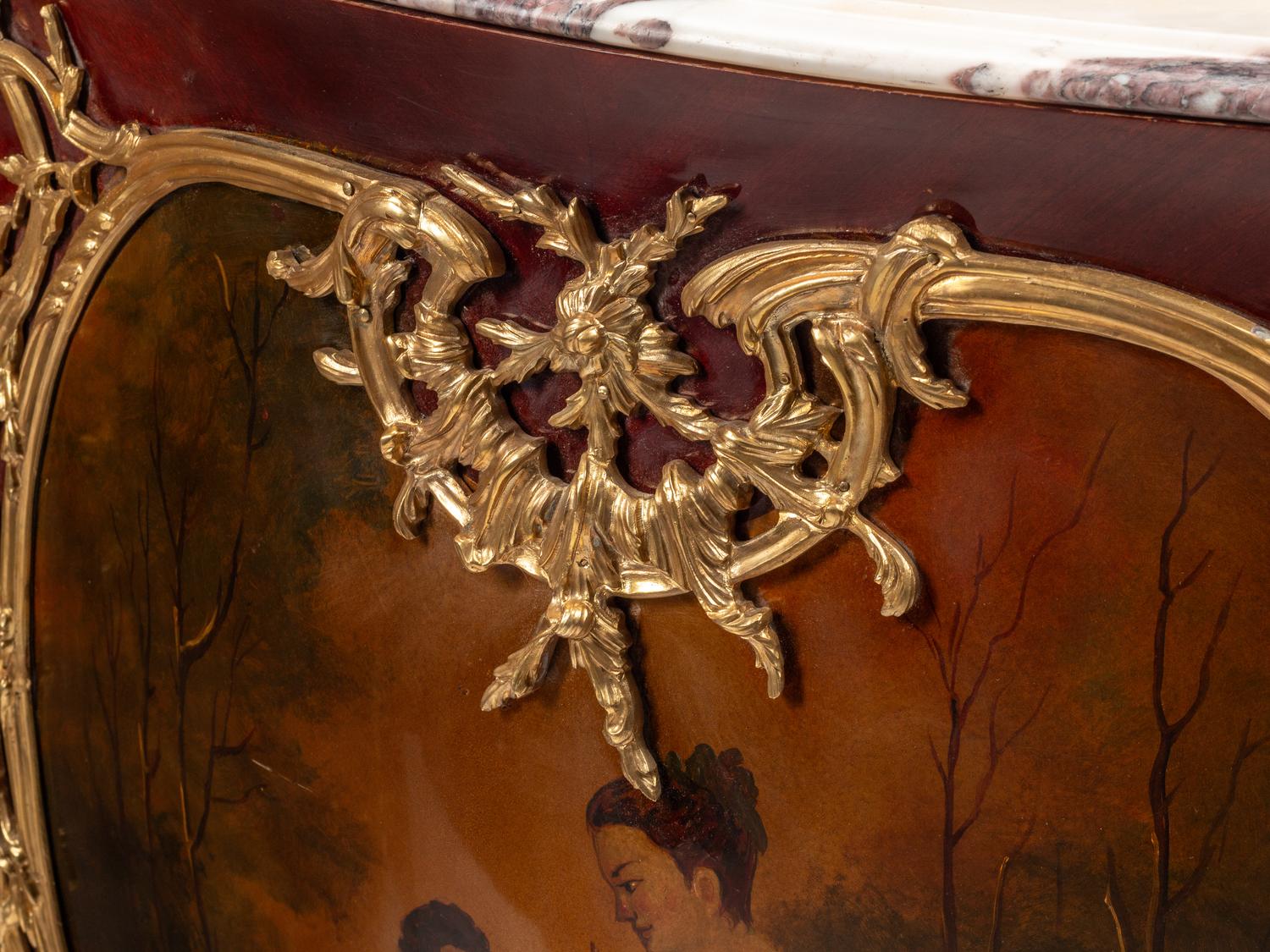 A Pair of Louis XV Style Gilt Bronze Mounted Marble-Top Cabinets