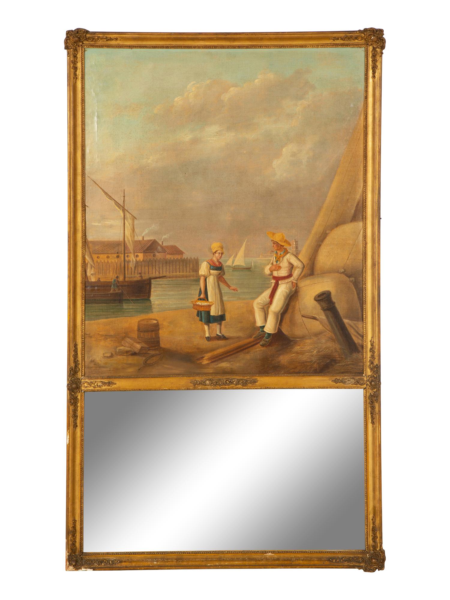 A Continental Gilt Framed Trumeau Mirror with an Oil on Canvas Panel — 19th Century