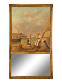 A Continental Gilt Framed Trumeau Mirror with an Oil on Canvas Panel — 19th Century
