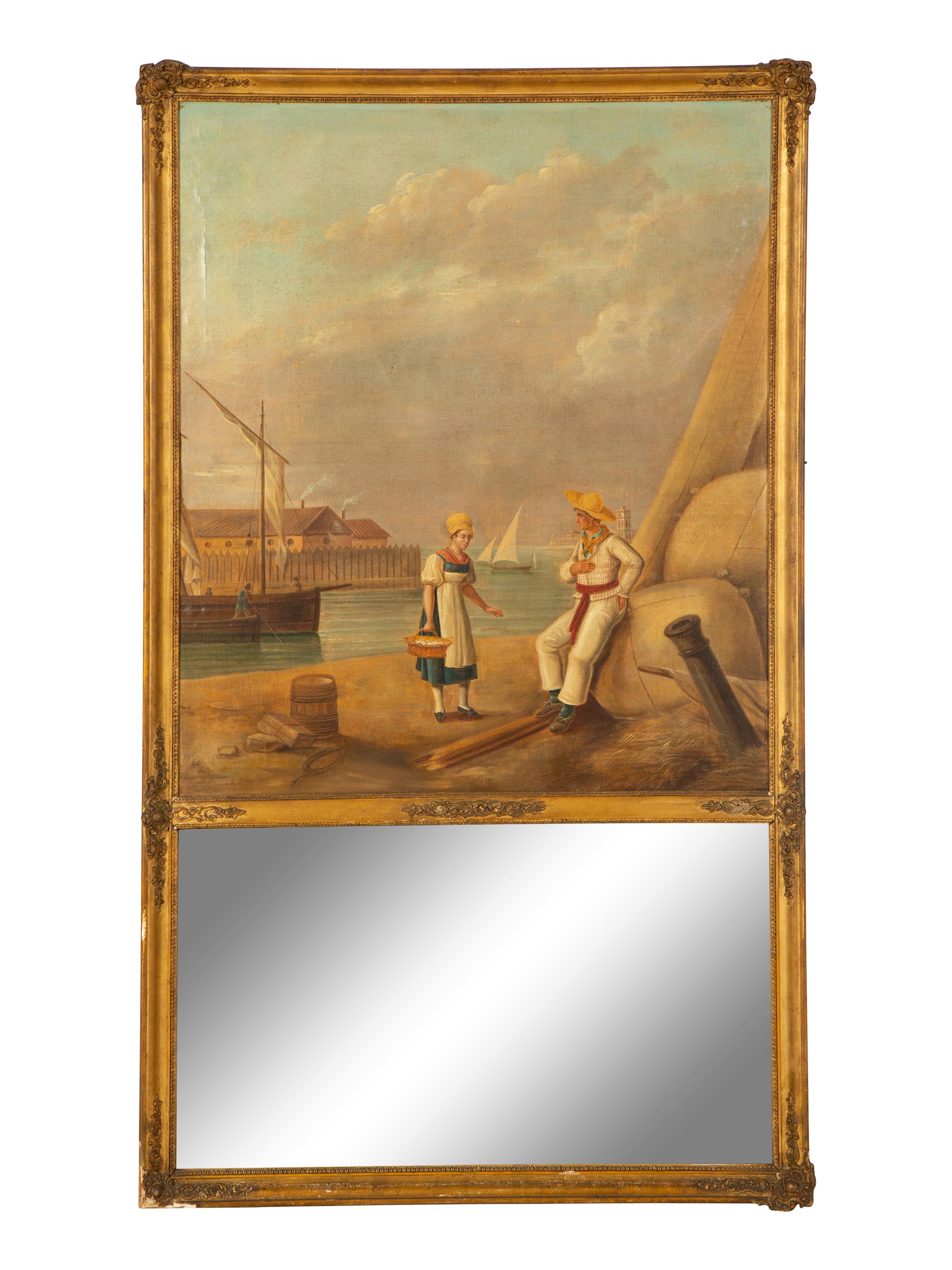 A Continental Gilt Framed Trumeau Mirror with an Oil on Canvas Panel — 19th Century