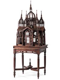 An Architectural Mahogany Birdcage on Stand