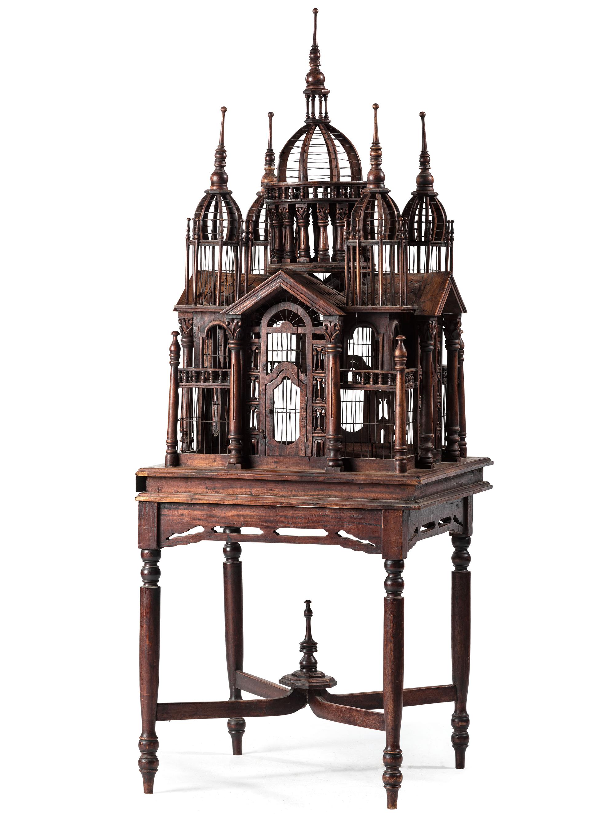 An Architectural Mahogany Birdcage on Stand