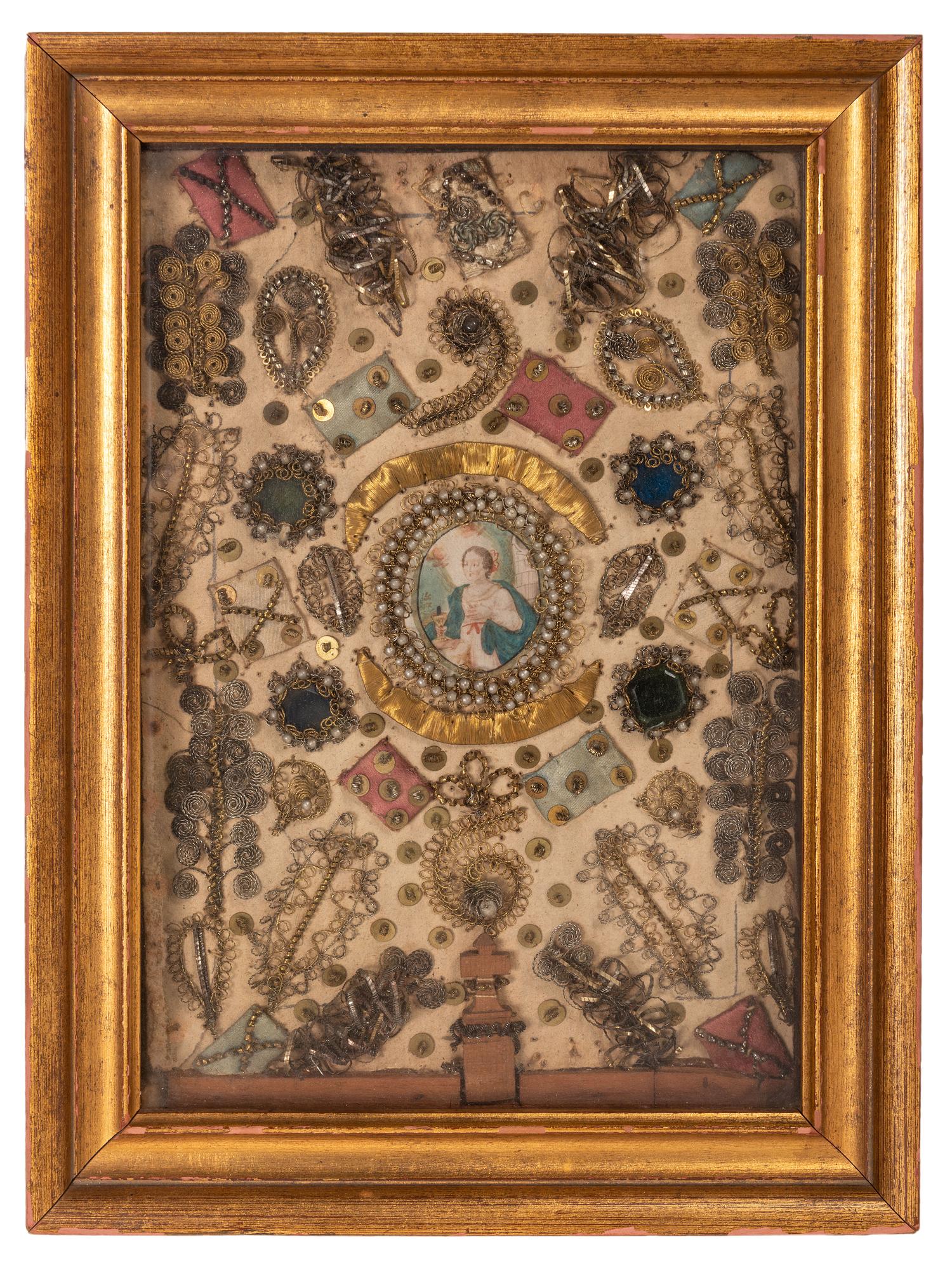 An English Silk, Metallic Thread and Stone Decorated Panel