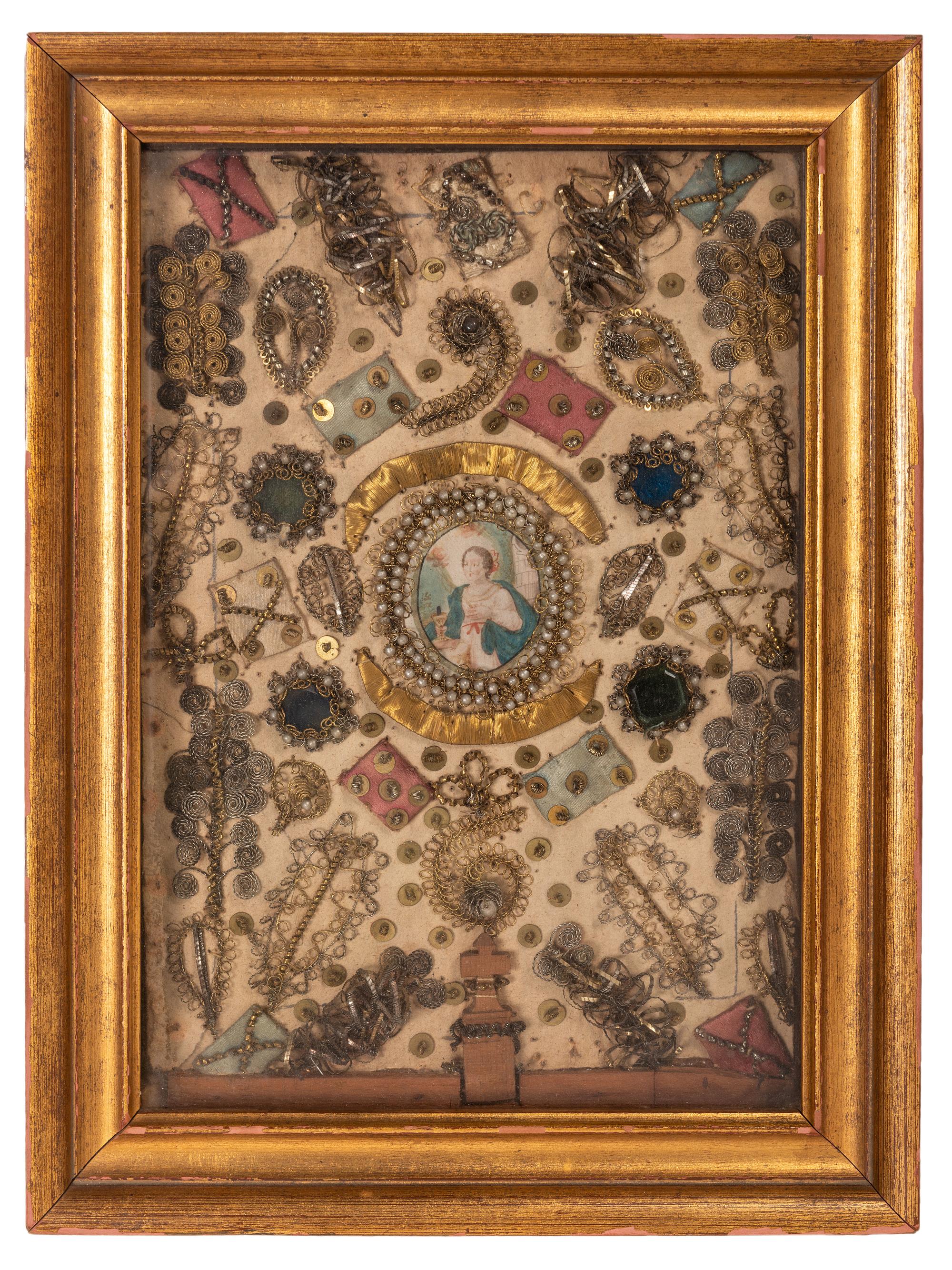 An English Silk, Metallic Thread and Stone Decorated Panel