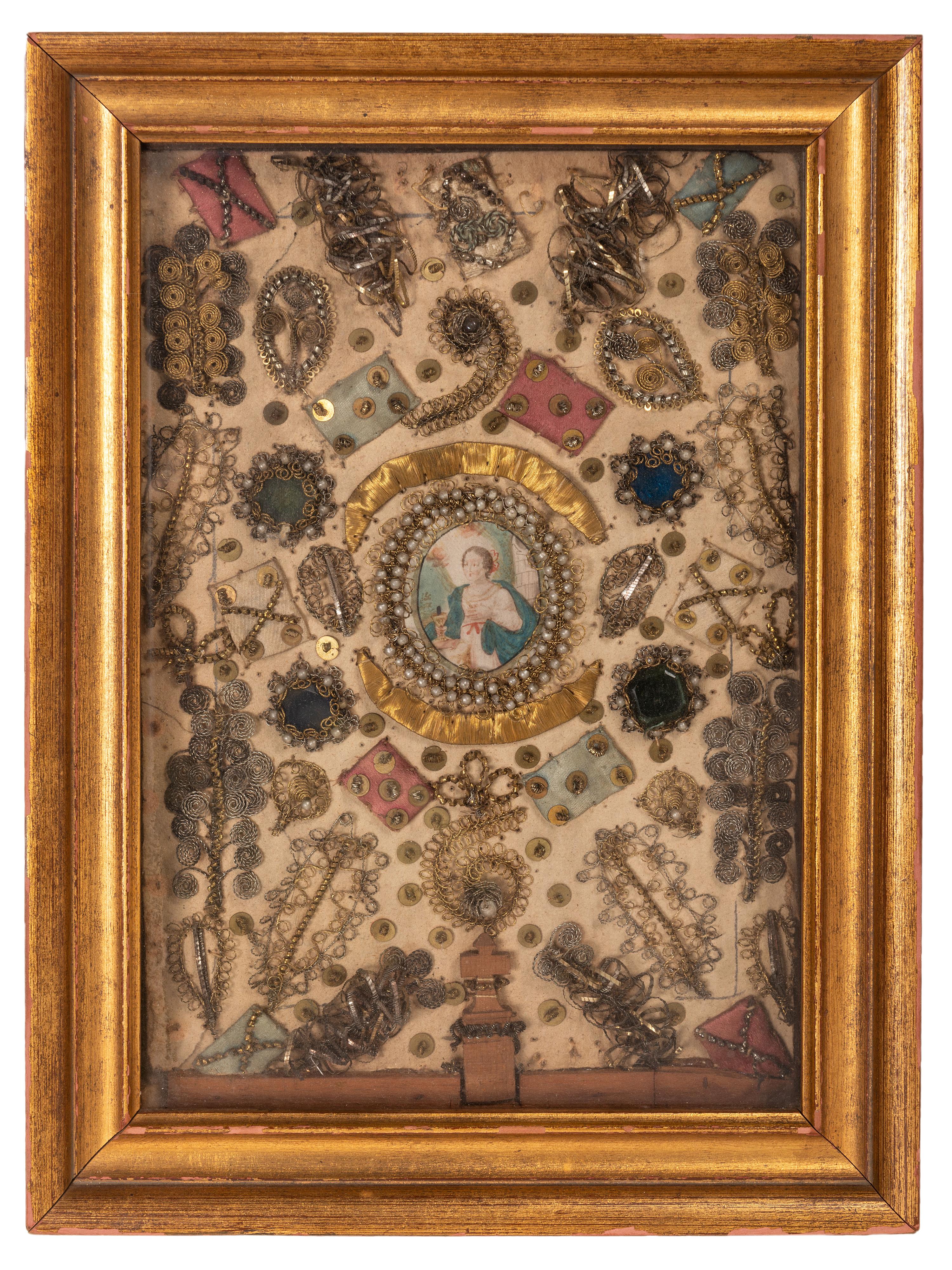 An English Silk, Metallic Thread and Stone Decorated Panel