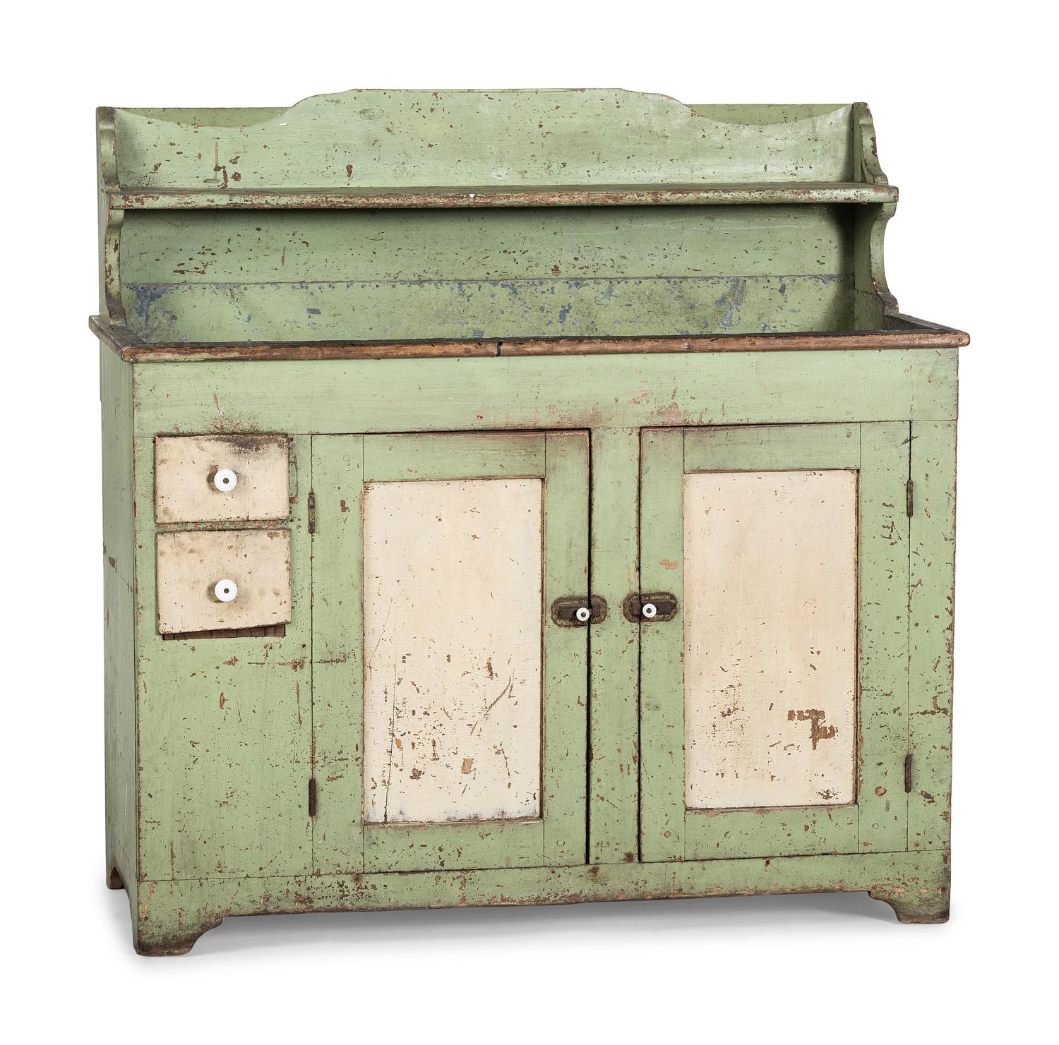 A Country Green and White Painted Tin-Lined Dry Sink