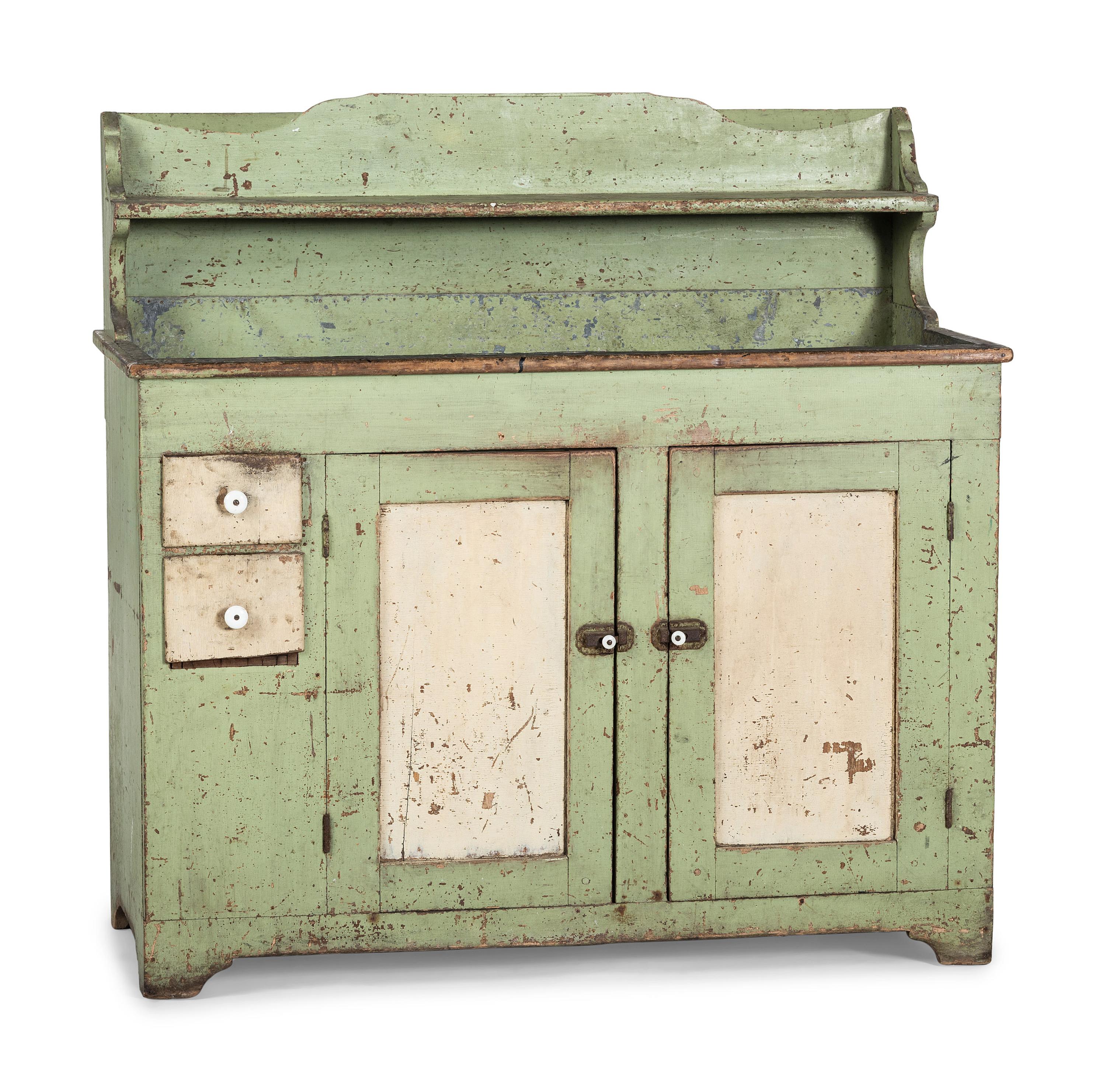 A Country Green and White Painted Tin-Lined Dry Sink