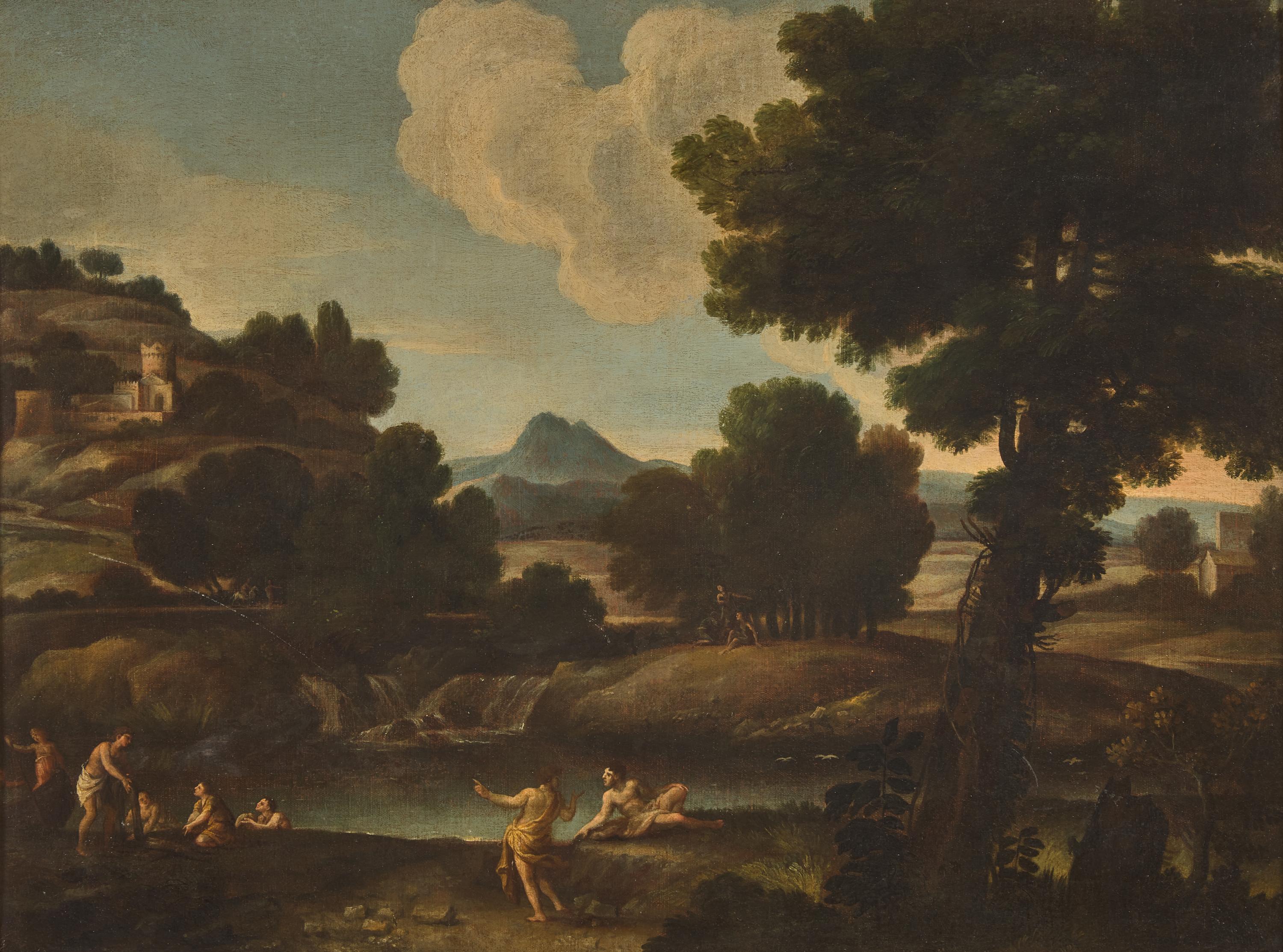 Giovanni Francesco Grimaldi (Italian, 1606-1680) — Classical Landscape with Philosophers by a Pool
