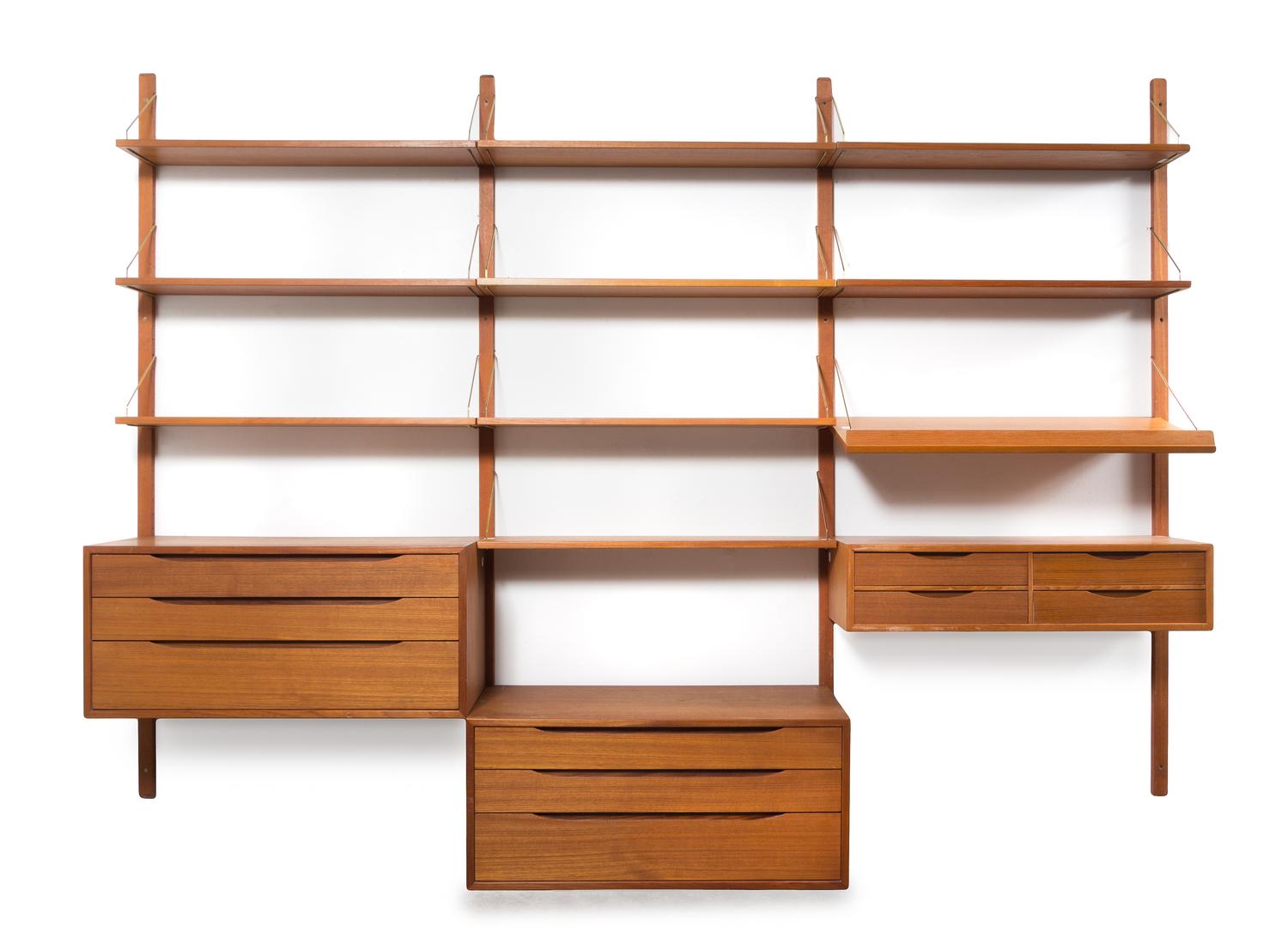 Poul Cadovius (Danish, 1911-2011), Cado, Denmark, 1960s, wall unit, with four uprights, four cabinets and 15 shelves