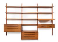 Poul Cadovius (Danish, 1911-2011), Cado, Denmark, 1960s, wall unit, with four uprights, four cabinets and 15 shelves