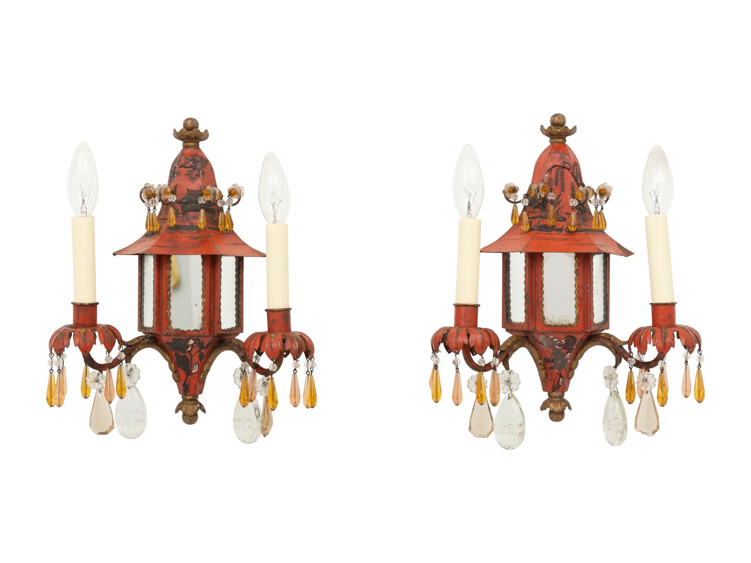 A Pair of Red Tole and Mirror-Inset Pagoda-Form Two-Light Sconces