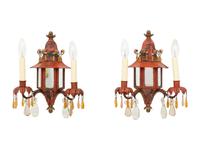 A Pair of Red Tole and Mirror-Inset Pagoda-Form Two-Light Sconces