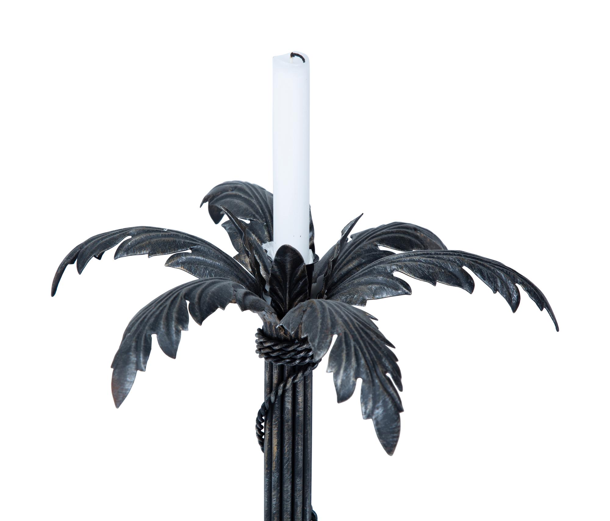 Two Matching Silvered Metal Palm Tree-form Candlesticks — 20TH CENTURY