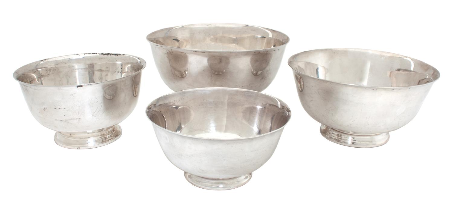 Four American Silverplate Revere Bowls Diameter of largest 8 3/4 inches.