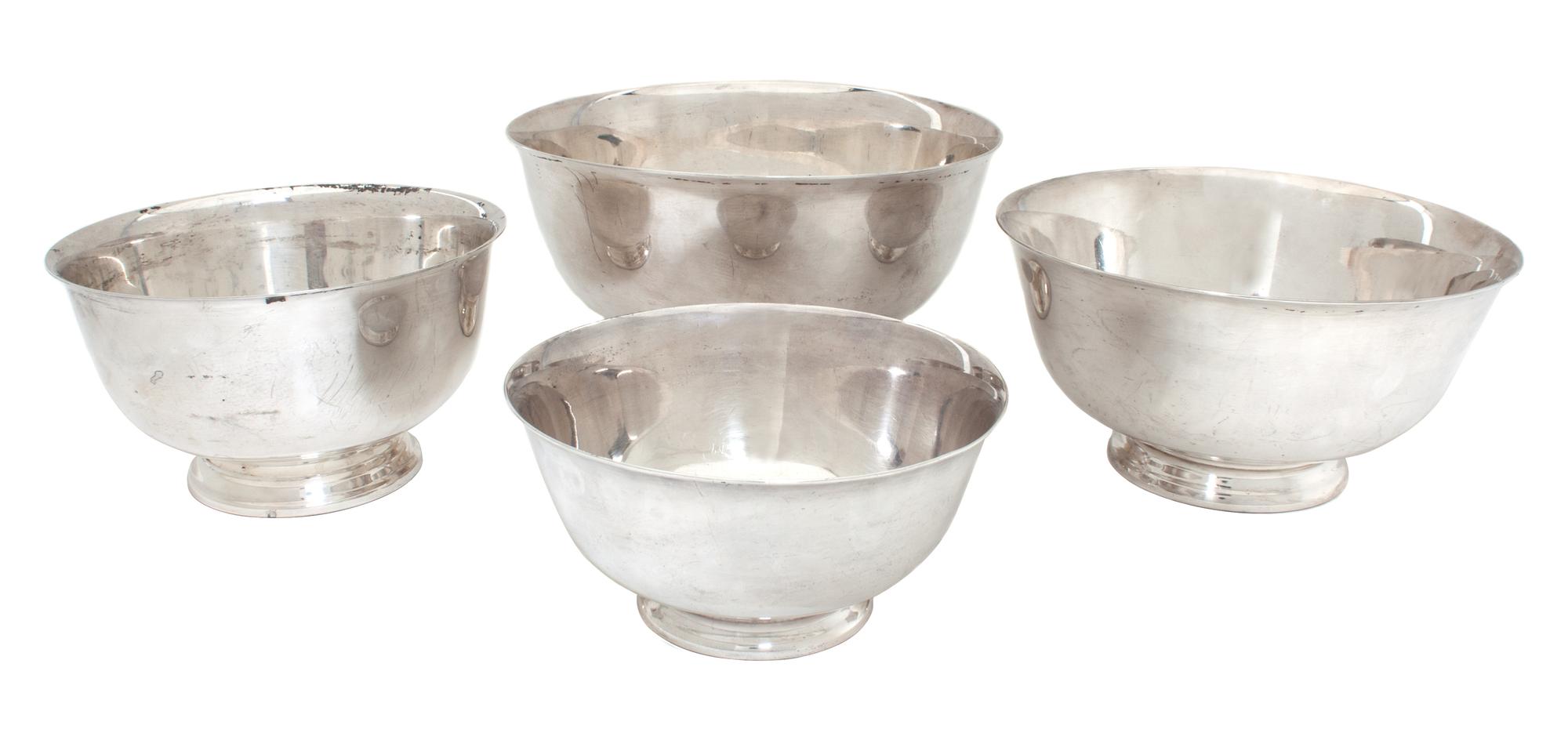 Four American Silverplate Revere Bowls Diameter of largest 8 3/4 inches.