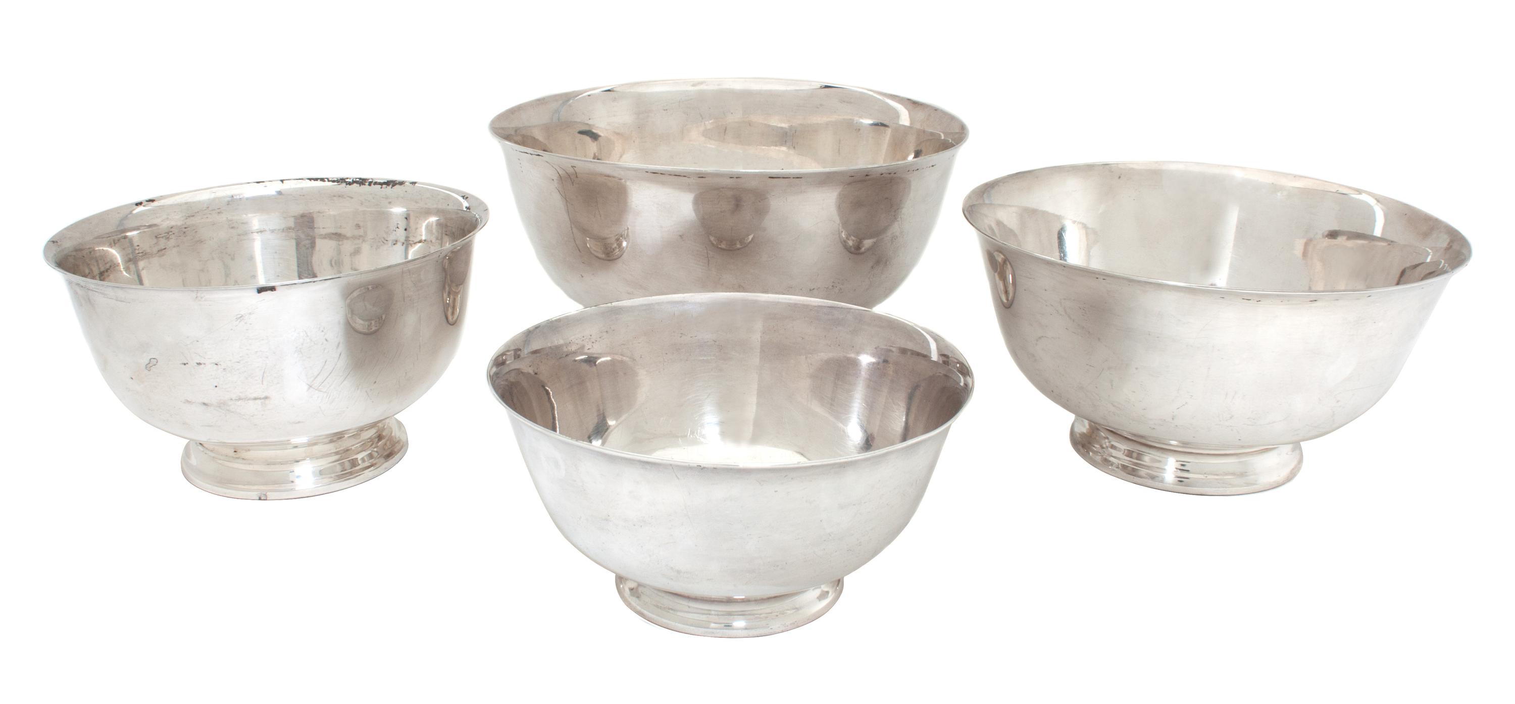 Four American Silverplate Revere Bowls Diameter of largest 8 3/4 inches.