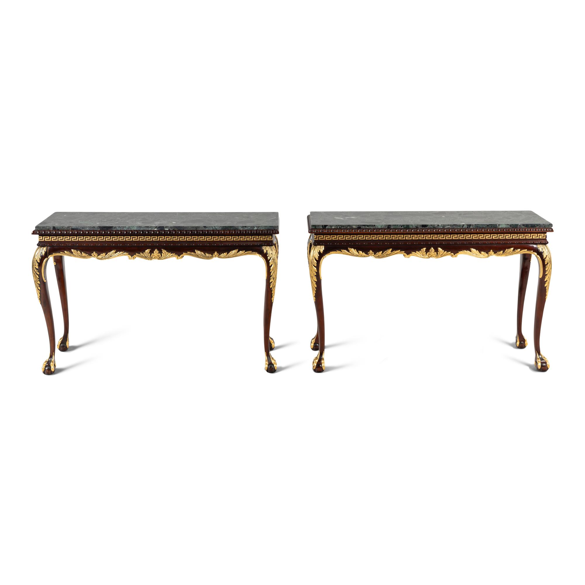 A Pair of George II Style Parcel Gilt Mahogany and Marble-Top Console Tables