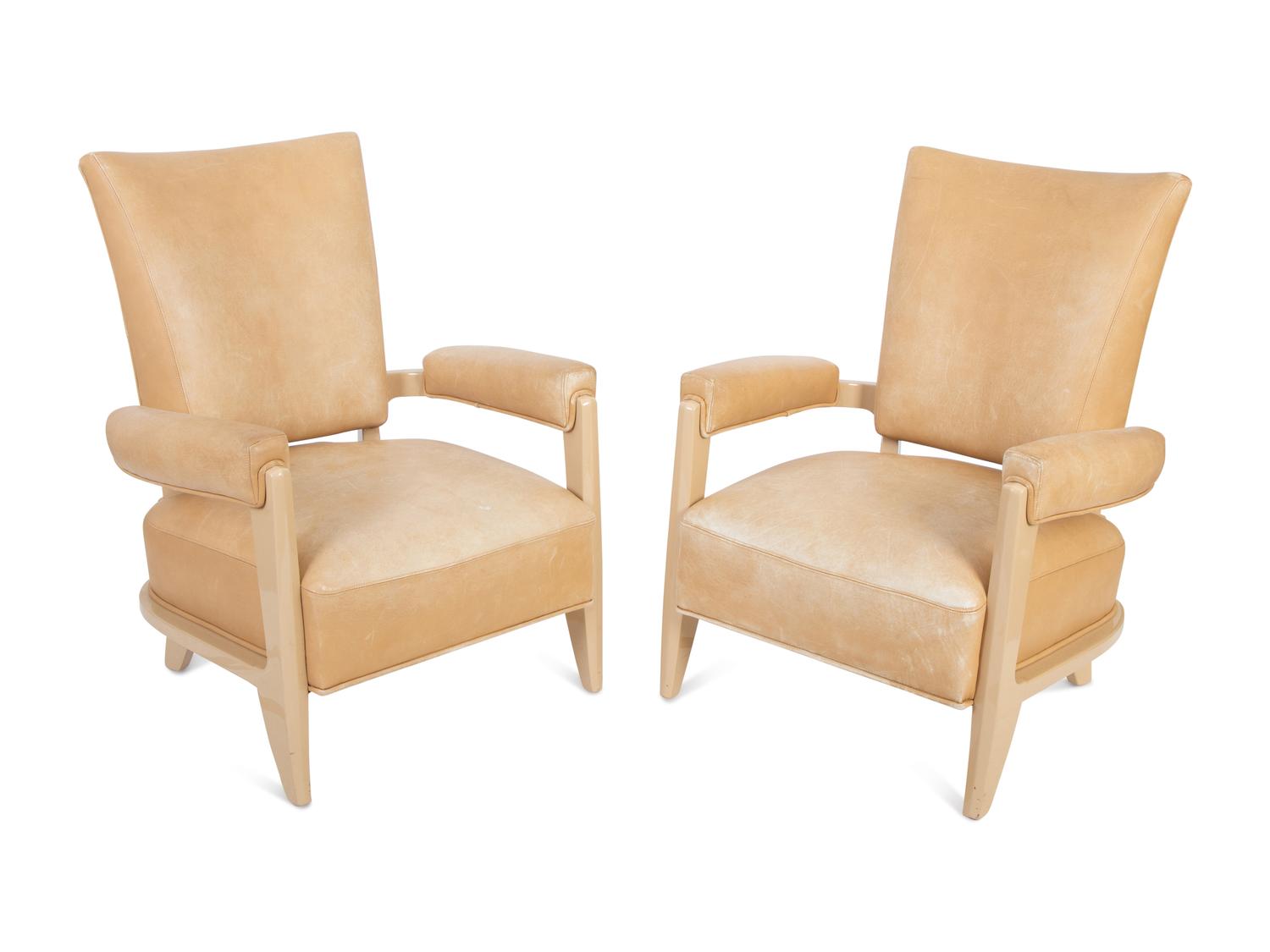 A Pair of Leather and White Lacquer Armchairs — 20TH CENTURY