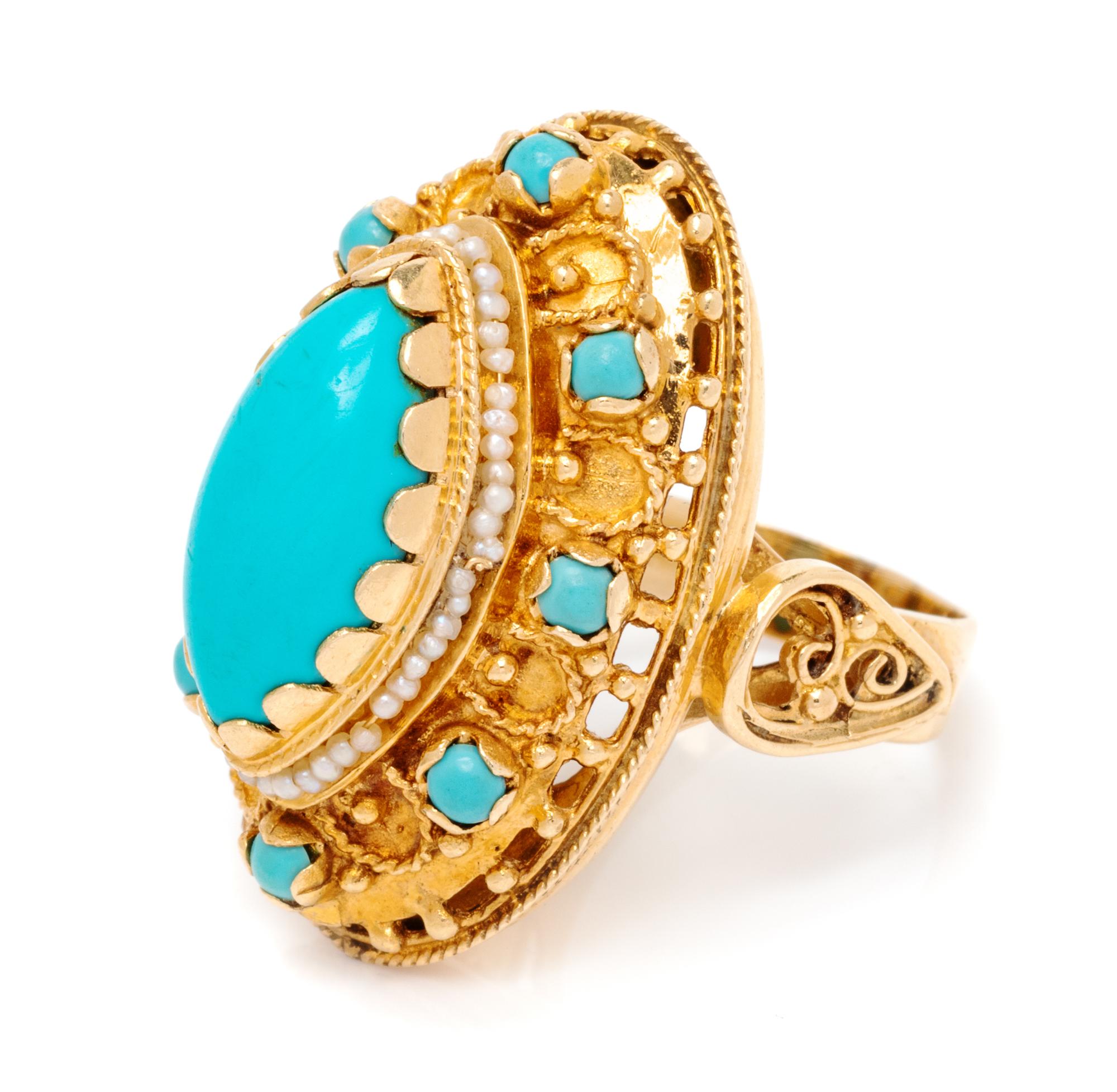 A 14 Karat Yellow Gold, Turquoise and Seed Pearl Ring,