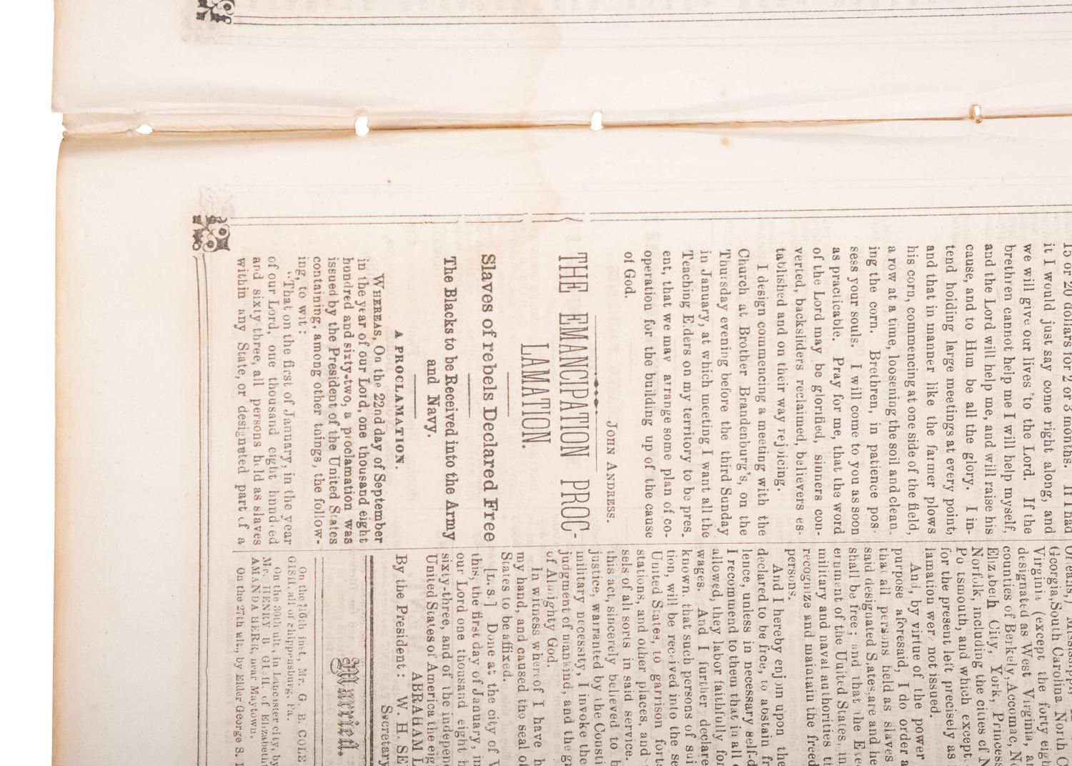 [EMANCIPATION PROCLAMATION]. The Weekly Church Advocate . Vol. XXVII, No. 36. Lancaster, PA: E.H. Thomas, J.S. Gable and Geo. Ross, 8 January 1863.