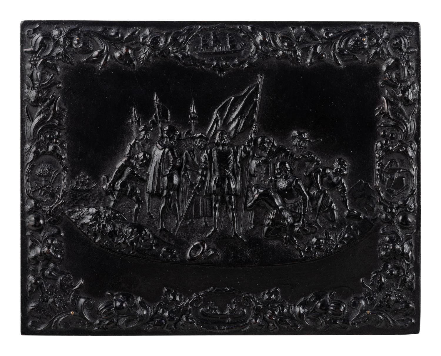 [EARLY PHOTOG.]. Landing of Columbus . Rare whole plate Union case containing ambrotype of a family.