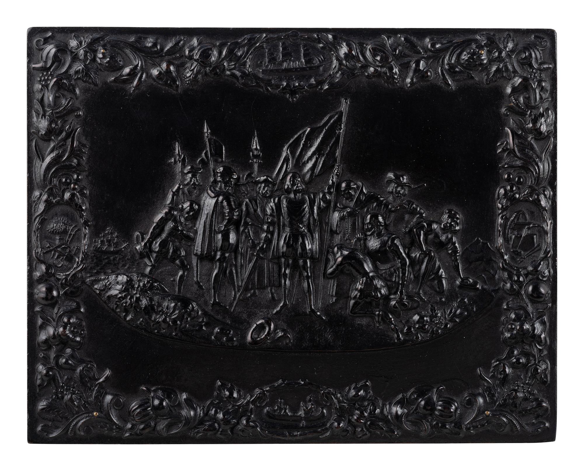 [EARLY PHOTOG.]. Landing of Columbus . Rare whole plate Union case containing ambrotype of a family.