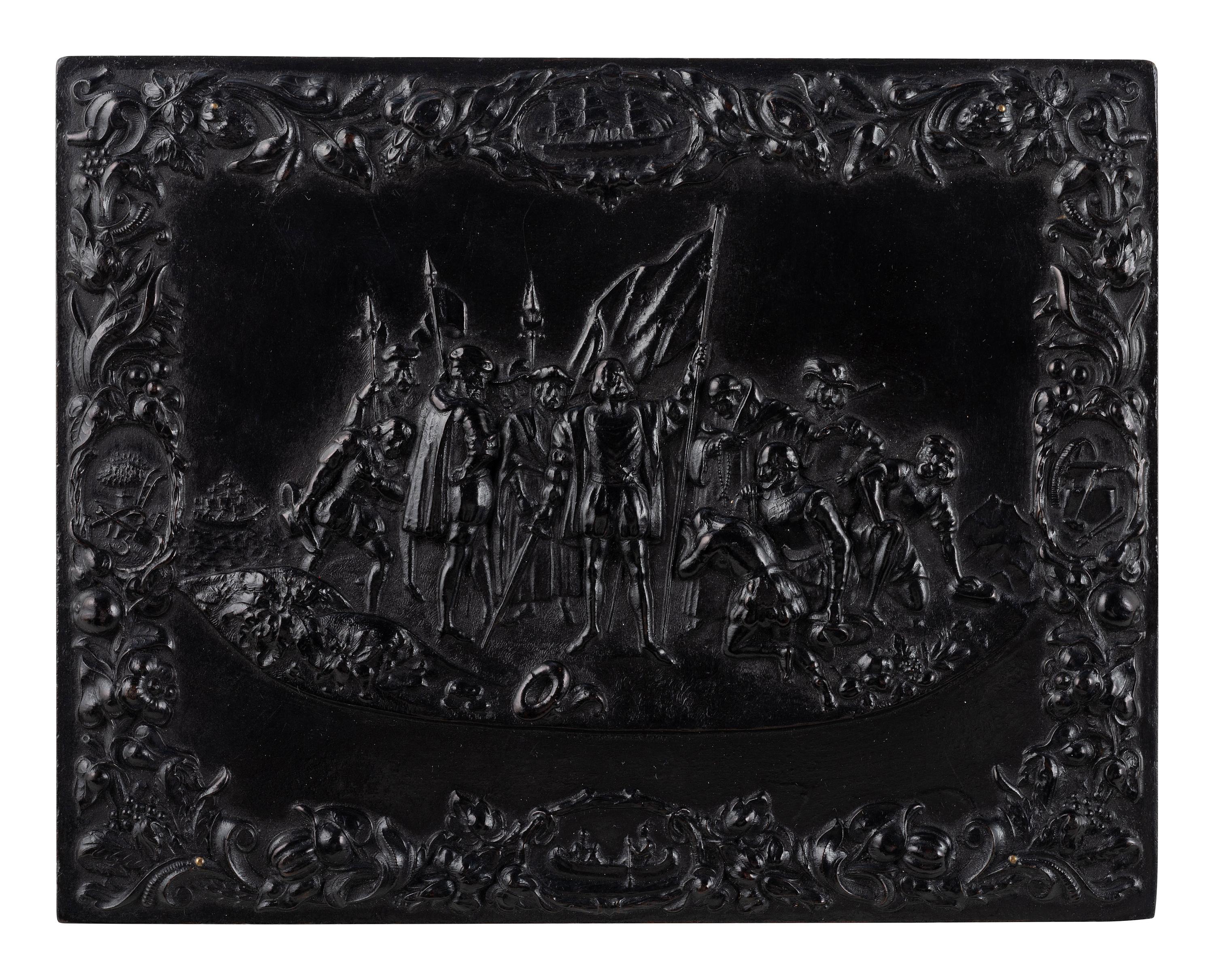 [EARLY PHOTOG.]. Landing of Columbus . Rare whole plate Union case containing ambrotype of a family.