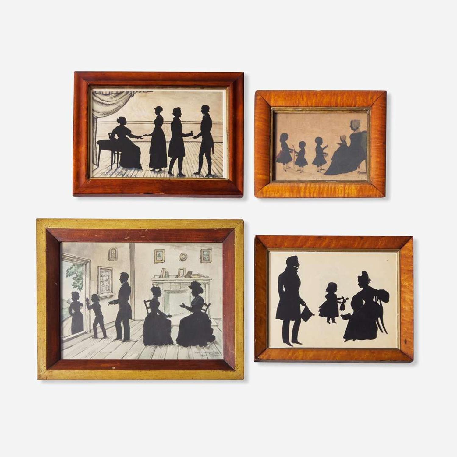 A group of four framed family silhouettes; Attributed to Thomas Pole (1753-1829), James S. Ellsworth (1802-1874), and others