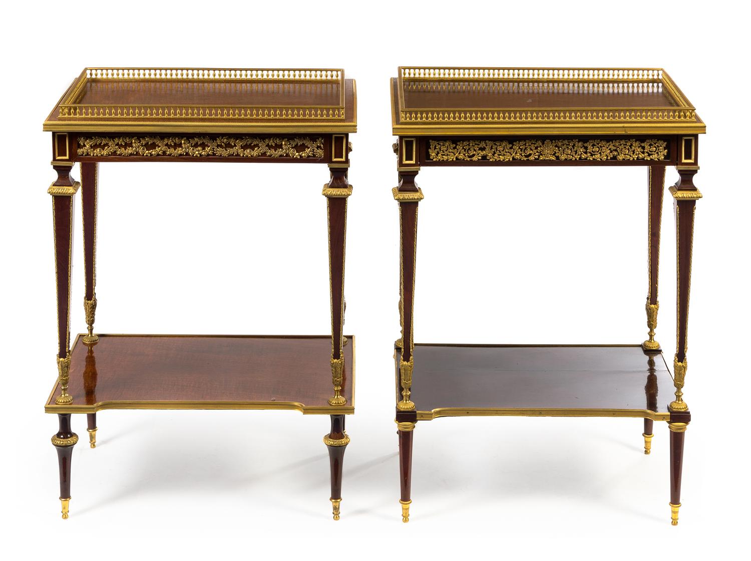 A Near Pair of Louis XVI Style Gilt Bronze Mounted Mahogany Occasional Tables Height 30 x width 21 7/8 x depth 14 inches. — POSSIBLY PAUL SORMANI, PARIS, CIRCA 1900