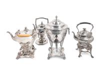 Three Silverplate Kettles on Stands and a Regency Style Silverplate Tea Urn