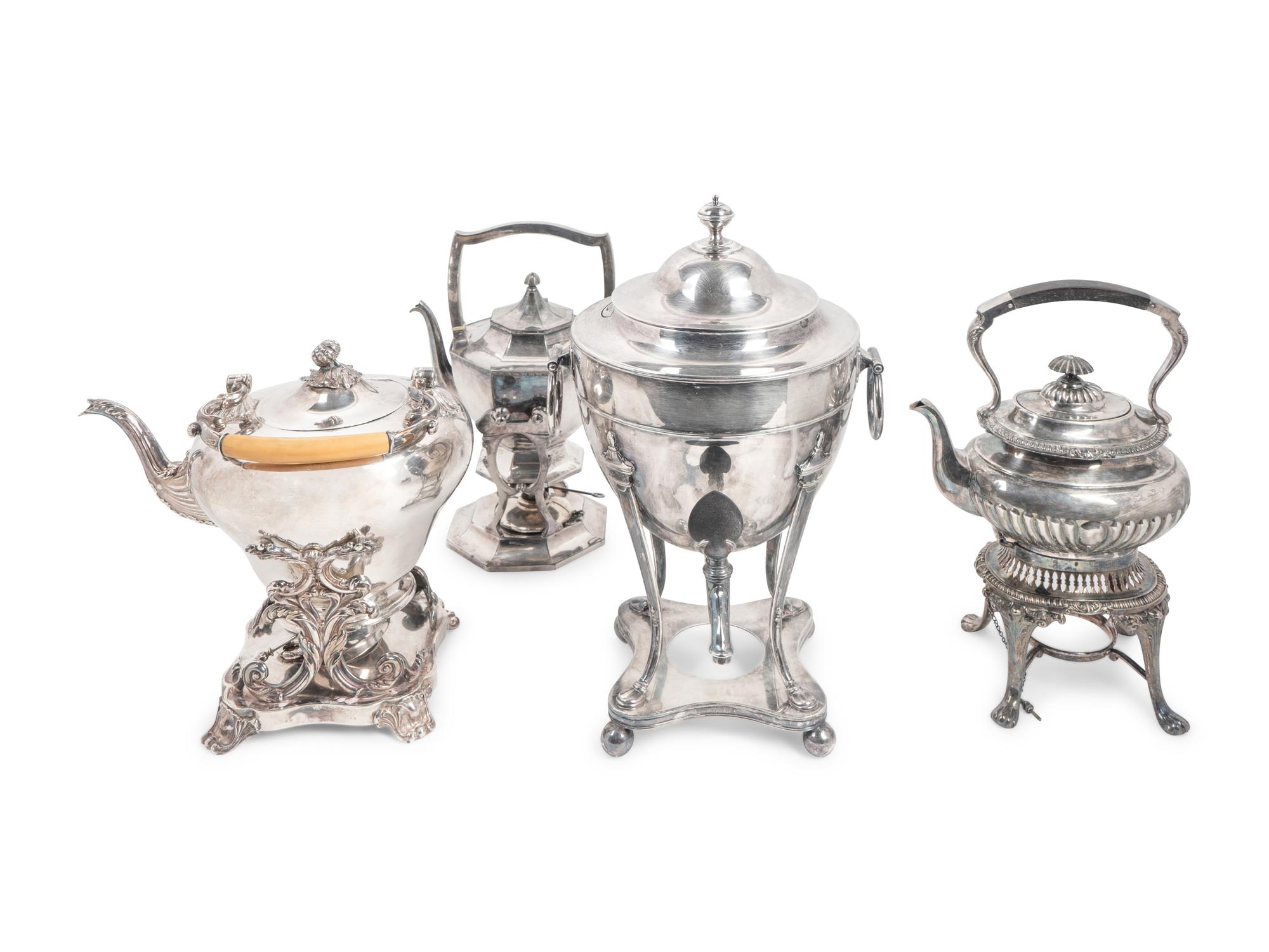 Three Silverplate Kettles on Stands and a Regency Style Silverplate Tea Urn