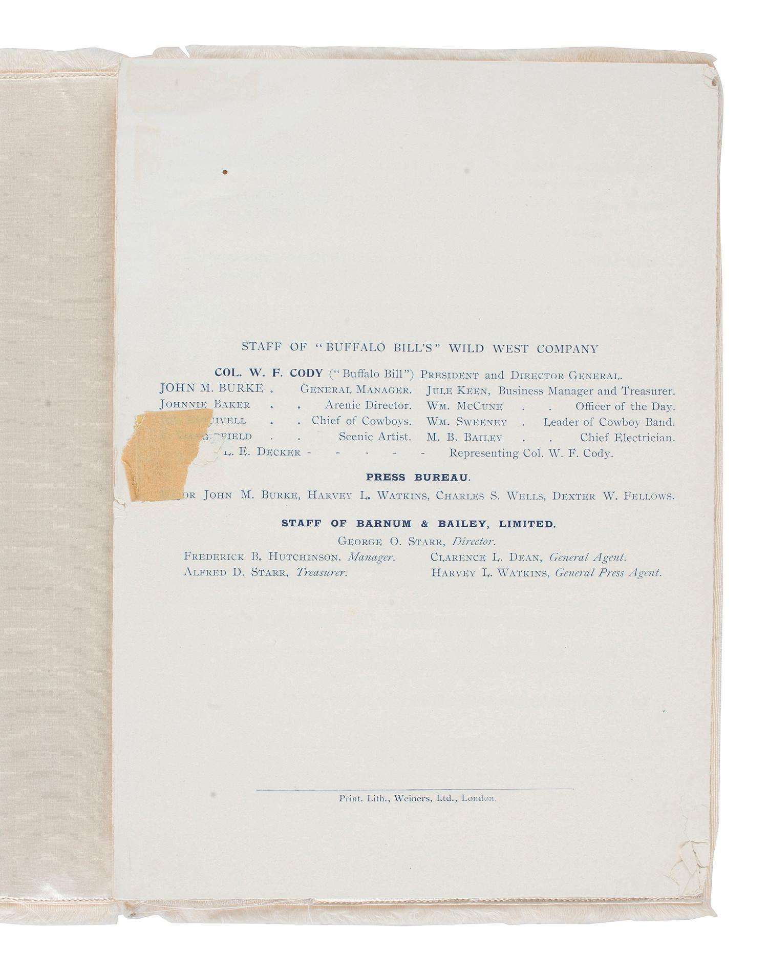 [WILD WEST SHOWS]. Buffalo Bill's "Wild West" and Congress of Rough Riders of the World . London: Weiners Ltd., 1903. Rare program with silk cover.