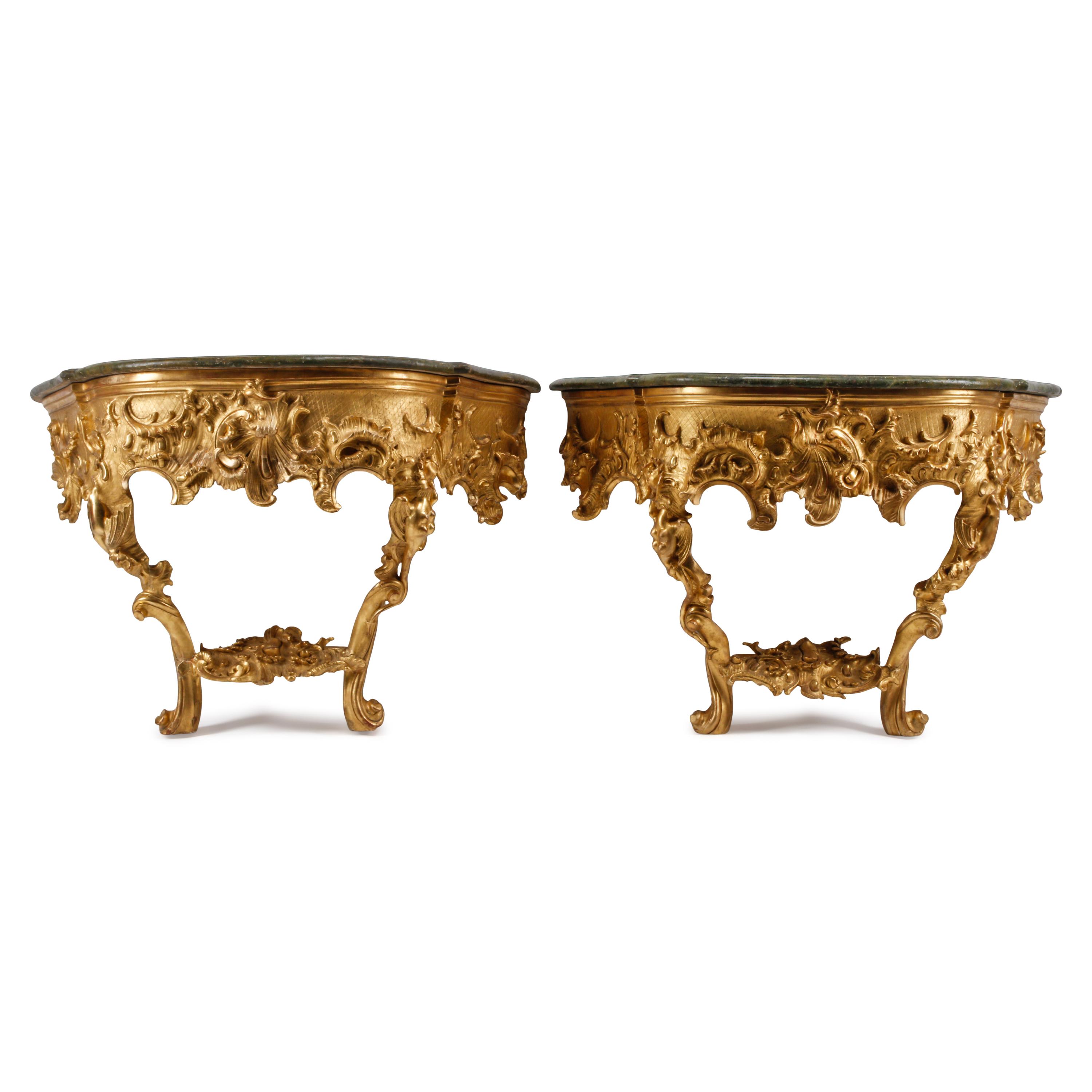 A Pair of German Rococo Style Giltwood Console Tables