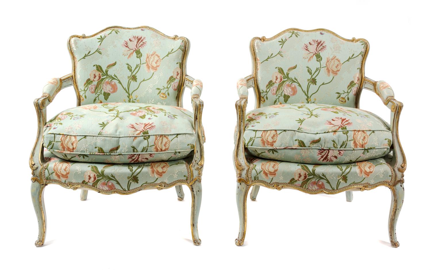 A Pair of Louis XV Style Painted and Giltwood Fauteuils Height 29 x width 25 x depth 24 inches. — 19TH CENTURY