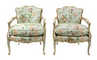 A Pair of Louis XV Style Painted and Giltwood Fauteuils Height 29 x width 25 x depth 24 inches. — 19TH CENTURY
