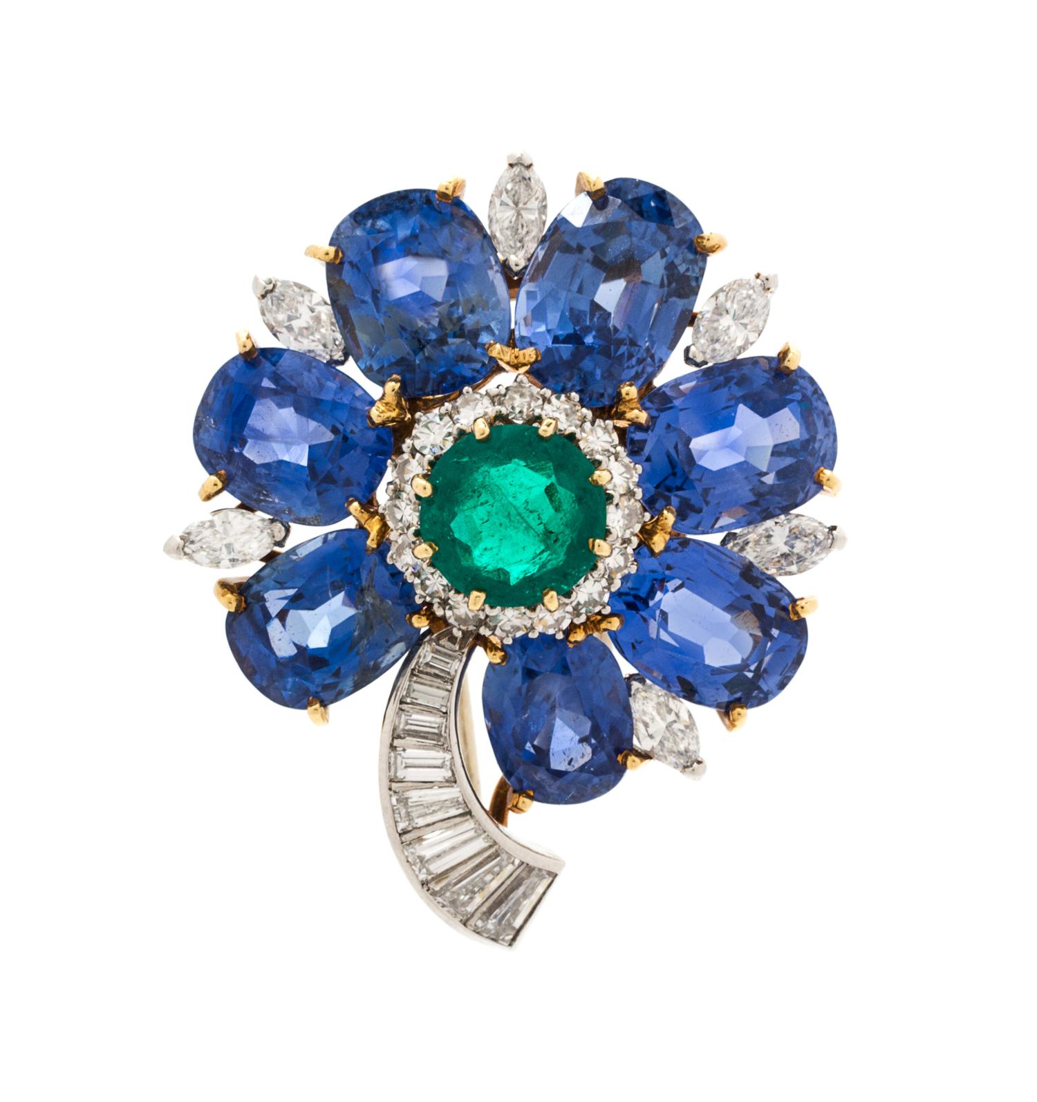 A Fine 18 Karat Yellow Gold, Platinum, Sapphire, Emerald and Diamond Flower Brooch, 9.50 dwts.