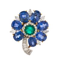 A Fine 18 Karat Yellow Gold, Platinum, Sapphire, Emerald and Diamond Flower Brooch, 9.50 dwts.