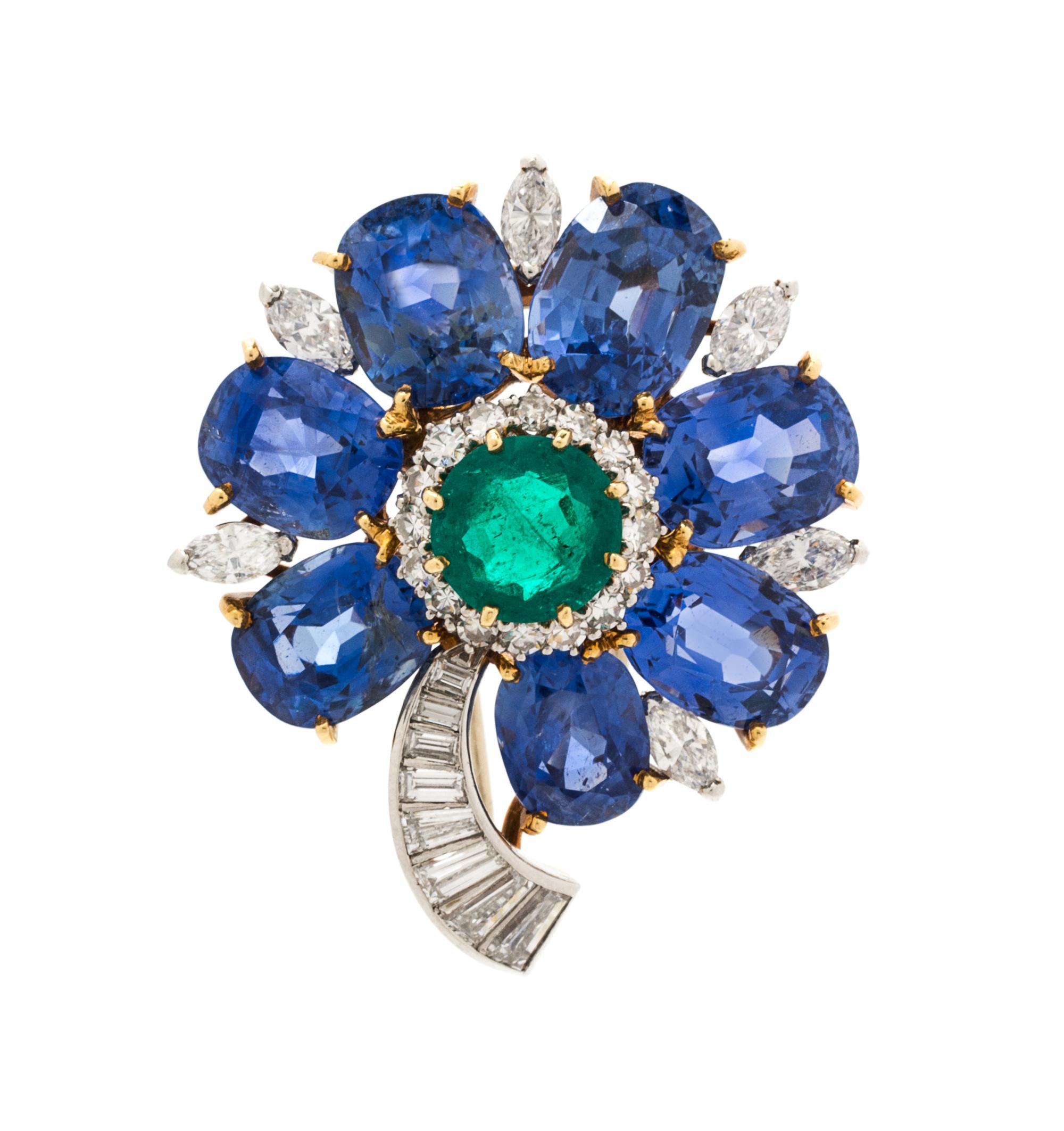A Fine 18 Karat Yellow Gold, Platinum, Sapphire, Emerald and Diamond Flower Brooch, 9.50 dwts.