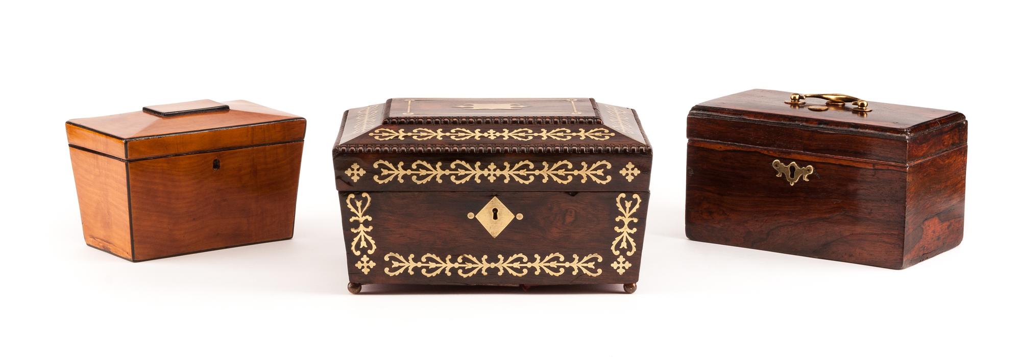 Three English Tea Caddies Largest: height 6 x width 11 x depth 8 inches. — LATE 19TH/EARLY 20TH CENTURY
