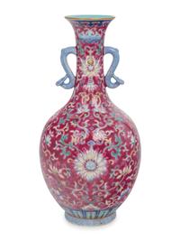 A Ruby Ground Famille Rose Porcelain Vase