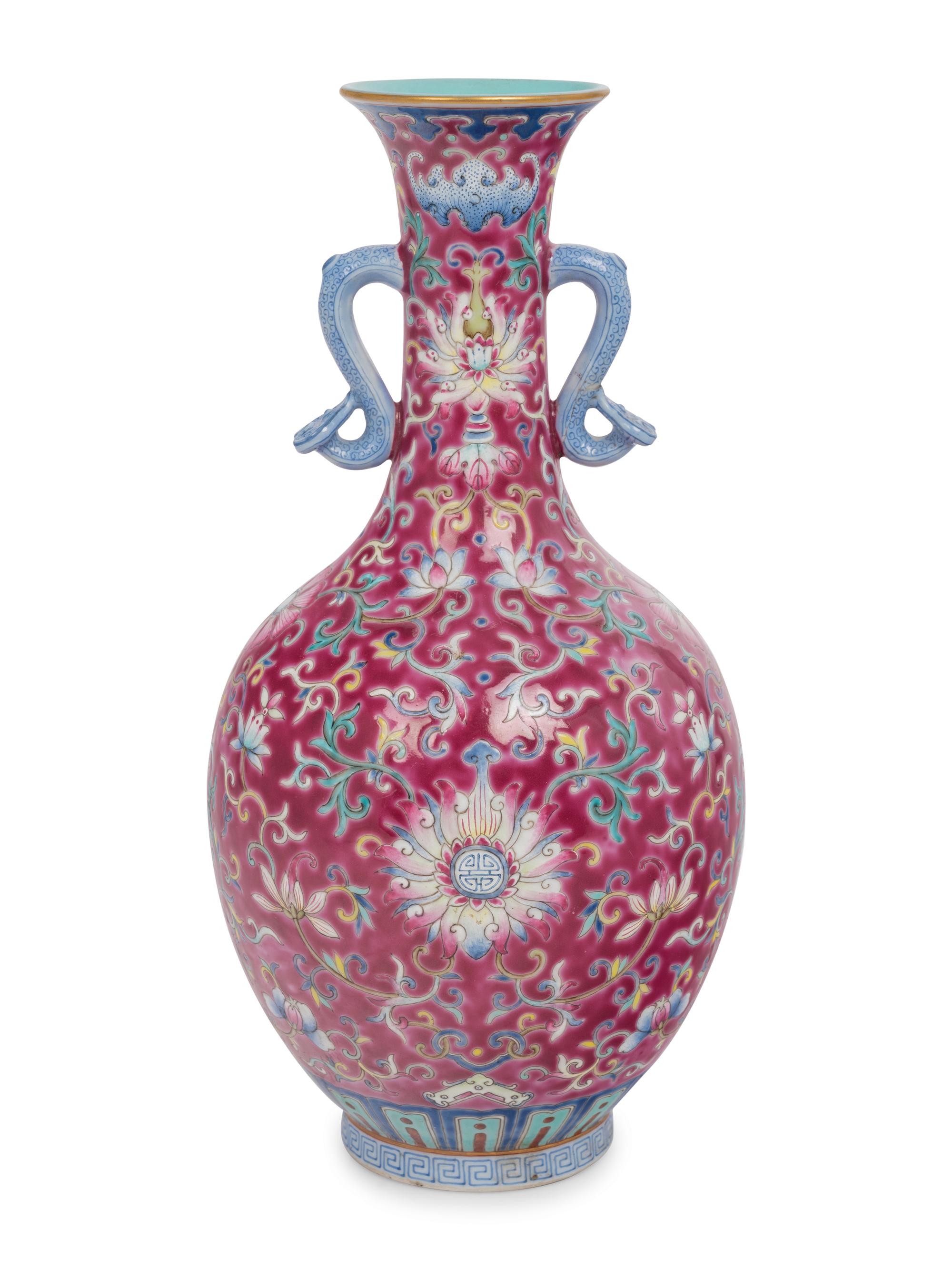 A Ruby Ground Famille Rose Porcelain Vase