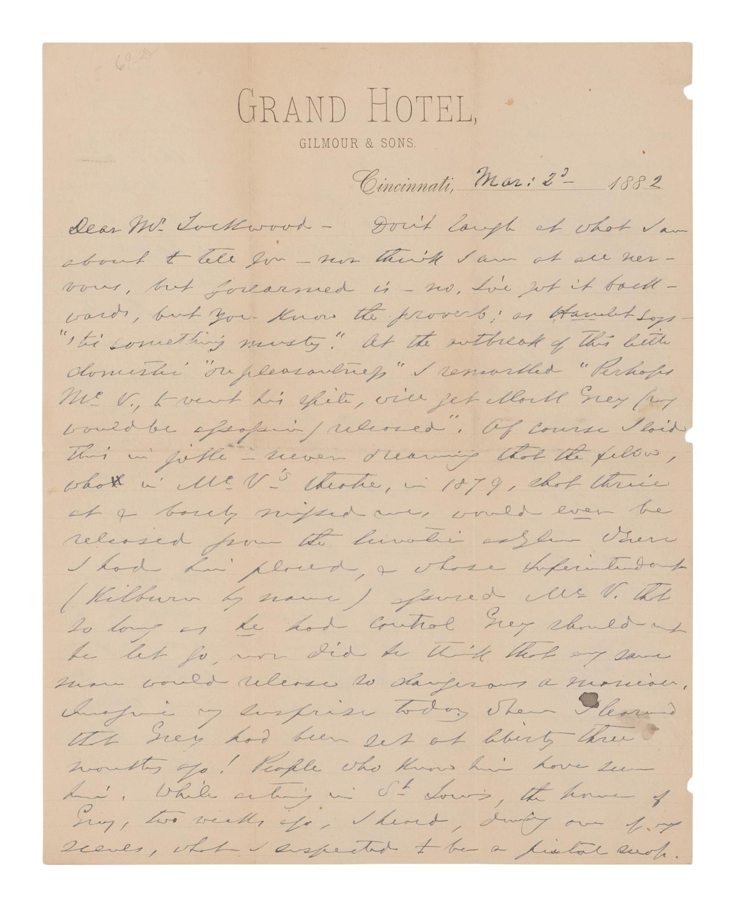BOOTH, Edwin (1833-1893). Autograph letter signed ("Edwin Booth") to Luke Lockwood describing an attempted assassination by a theatergoer, Cincinnati, 2 March 1882.