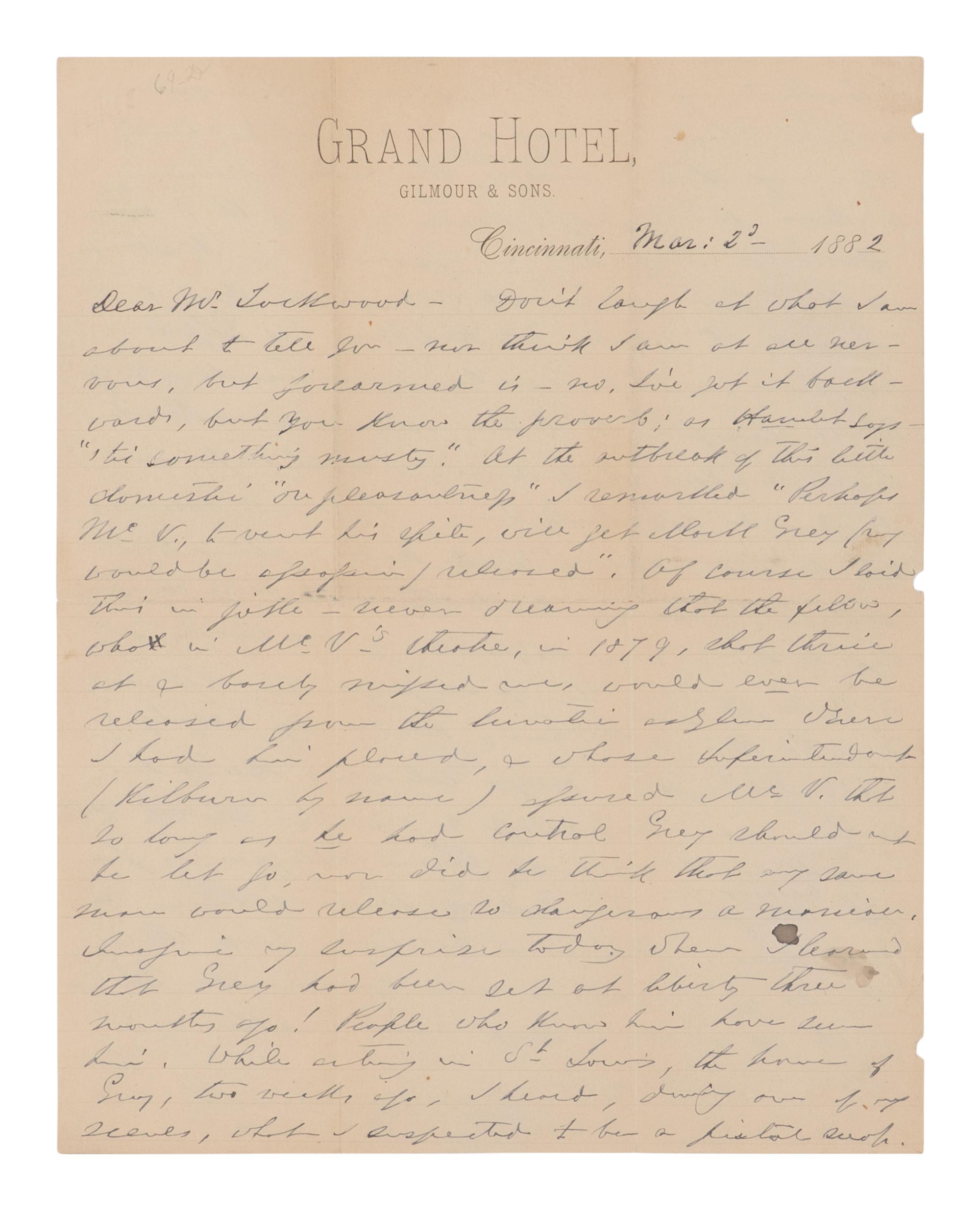 BOOTH, Edwin (1833-1893). Autograph letter signed ("Edwin Booth") to Luke Lockwood describing an attempted assassination by a theatergoer, Cincinnati, 2 March 1882.
