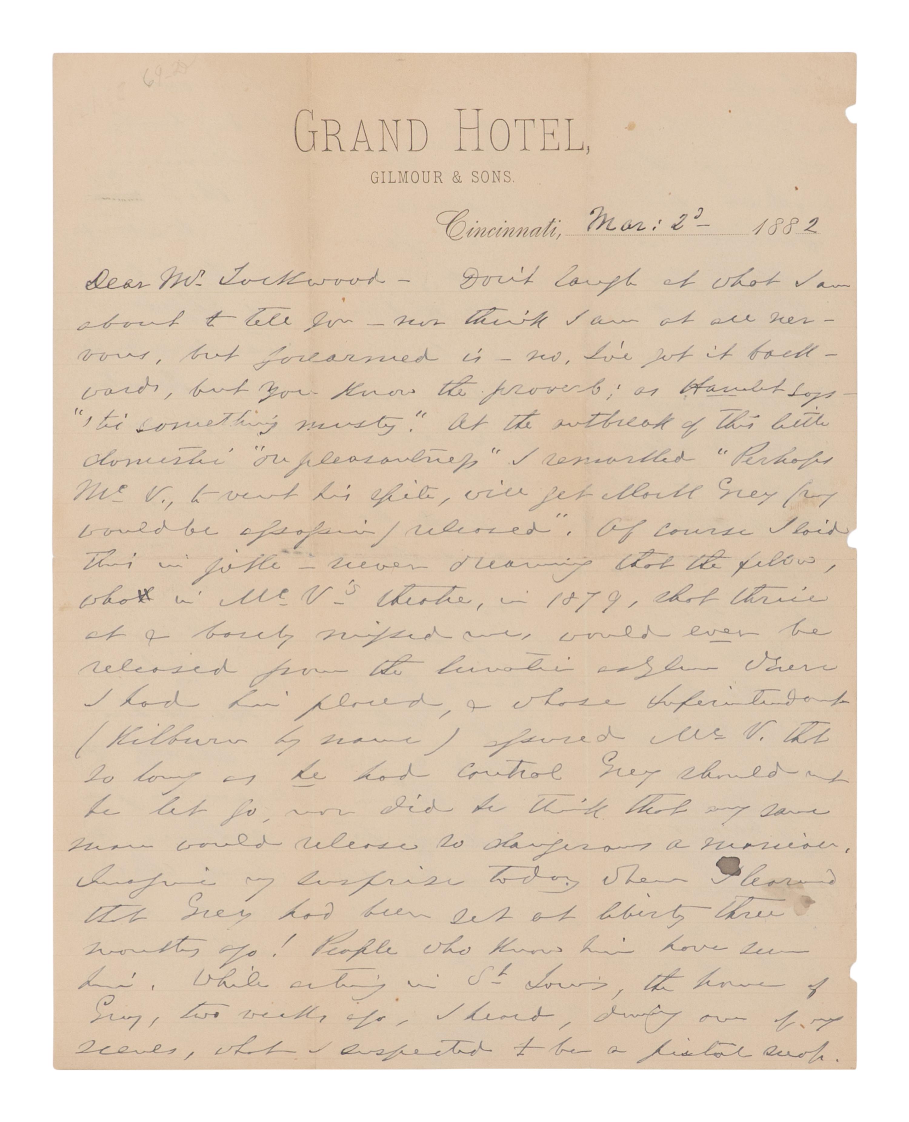 BOOTH, Edwin (1833-1893). Autograph letter signed ("Edwin Booth") to Luke Lockwood describing an attempted assassination by a theatergoer, Cincinnati, 2 March 1882.