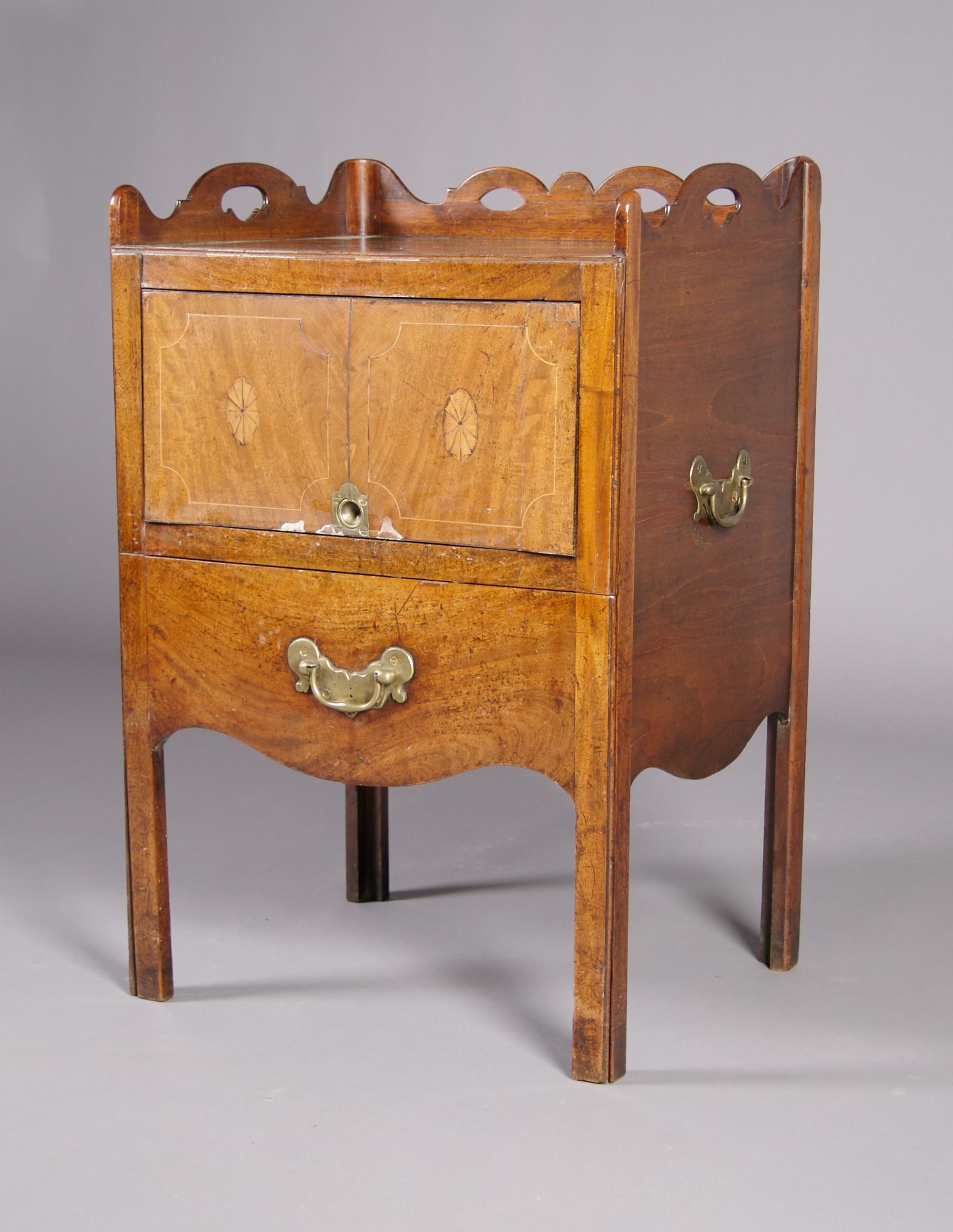 A George III Mahogany Bedside Commode Cabinet, Height 31 1/4 x width 20 1/2 x depth 17 1/2 inches.