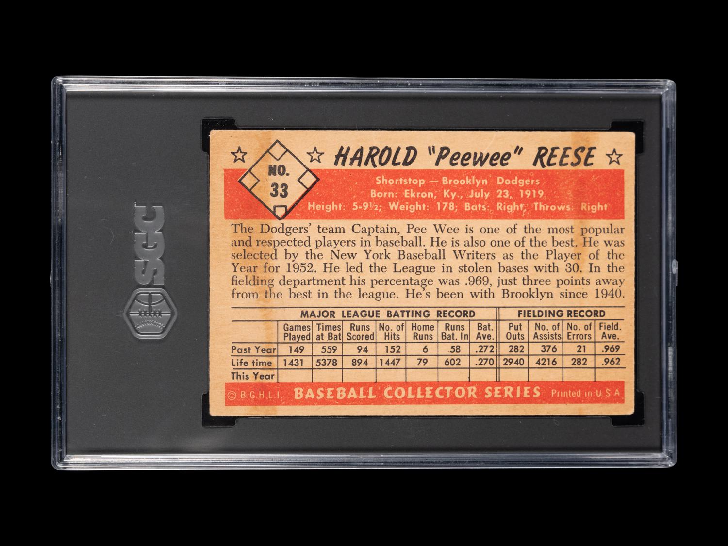 A 1953 Bowman Color Pee Wee Reese Baseball Card No. 33 (SGC 3 VG)